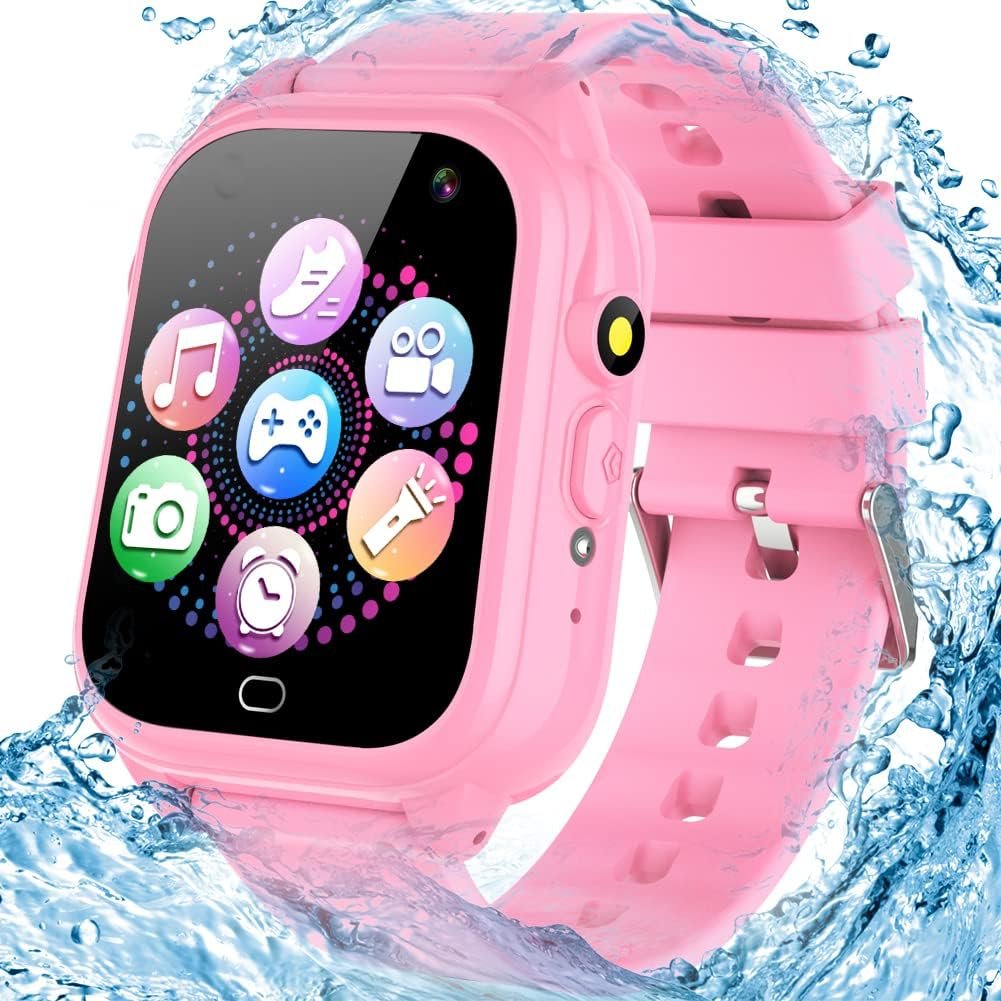 Kids Waterproof Smart Game Watch with 26 Game HD Camera 1.44” Touchscreen Pedometer Video Music Player Alarm Clock Calculator Learning Toys for Girls Boys 3-12 Years Old (Pink)