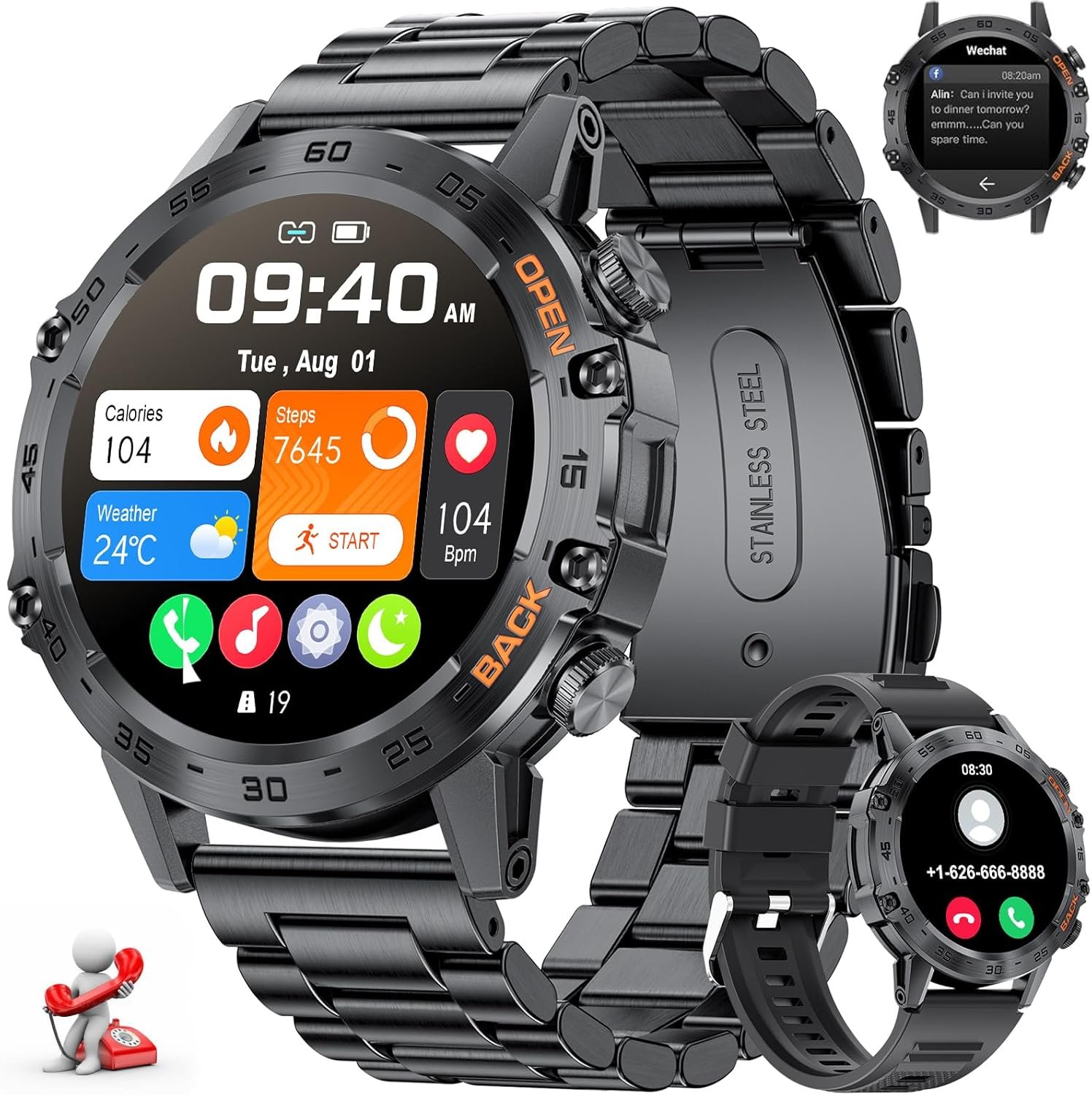 LIGE Smart Watches for Men, 1.39″ Military Smartwatch with SpO2, Sleep Monitor, Step Counter, 24/7 Heart Rate, Tactical Fitness Watch with 100+ Sports Modes, Make/Answer Call, Metal Band, Black