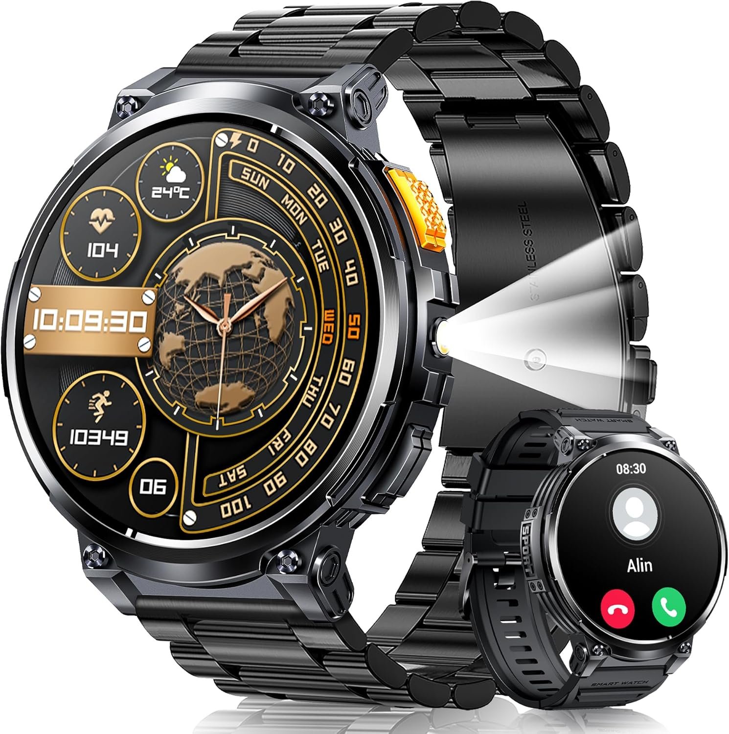 Military Smart Watch for Men with LED Flashlight 1.85” Big Screen Rugged Smart Watch 730mAh Large Battery 114 Sports Modes Fitness Watch Heart Rate Sleep Tracker Tactical Smartwatch for iOS Android