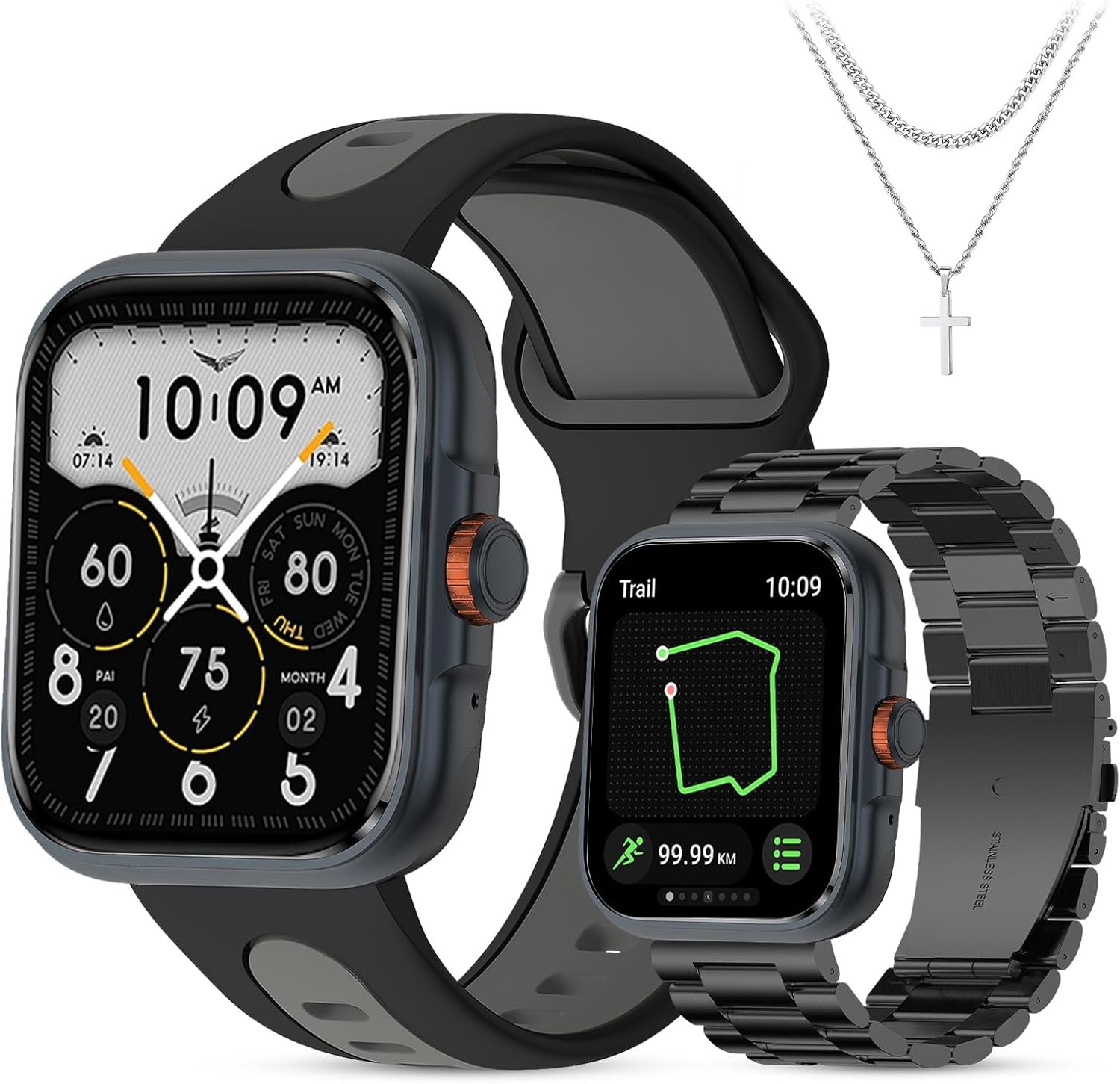 Smart Watch GPS Alexa Built-in,Answer/Make Calls,24/7 Heart Rate Monitor,SpO2/Stress/Sleep Tracker,100+ Sports Modes,5ATM Waterproof Smart Watches for Men for Android & iPhone(2 Necklaces)