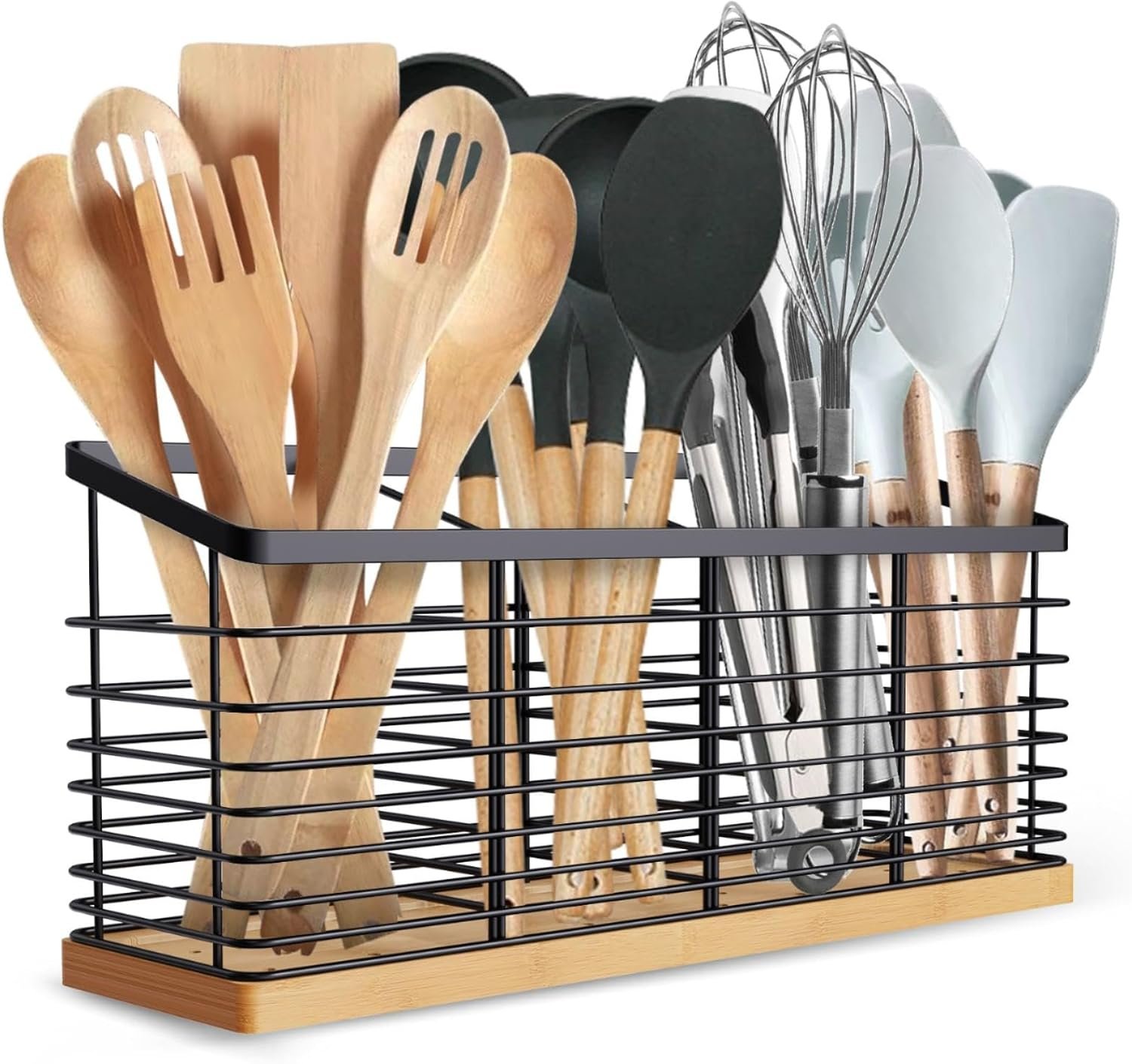 Suli Extra Large Kitchen Utensil Holder with 4 Compartments，Matte Black Metal holder with Wooden Base for Kitchen Countertop，Farmhouse Cooking Utensil Storage, Rustic Cooking Utensil