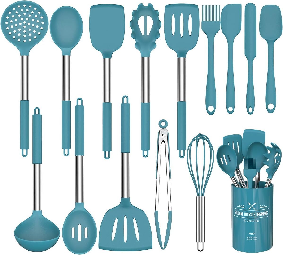 15 Pcs Silicone Cooking Utensils Kitchen Utensil Set – Umite Chef 446°F Heat Resistant Stainless Steel Handles Kitchen Gadgets Tools Set for Nonstick Cookware(Blue)