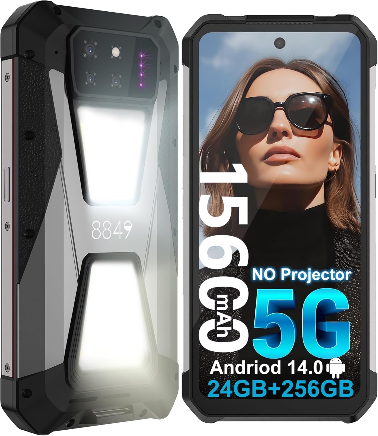 8849 Shark Rugged Smartphone, Android 14 5G Mobile Phones Unlocked with Camping Light, 24GB RAM+256GB ROM, 6.79″ Waterproof Rugged Cell Phone 15600mAh Battery, 64MP Night Vision/1TB Expand/OTG/GPS