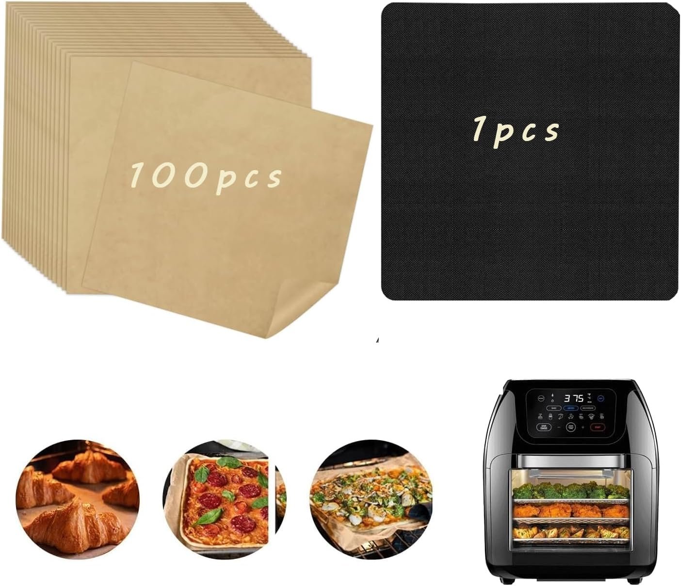 Air Fryer Liners for CHEFMAN 10QT Air Fryer, 100 PCS Unbleached Baking Parchment Paper Disposable with 1 PCS AirFryer Oven Liners Accessories for CHEFMAN 10 Qt Multifunctional Digital Air Fryer