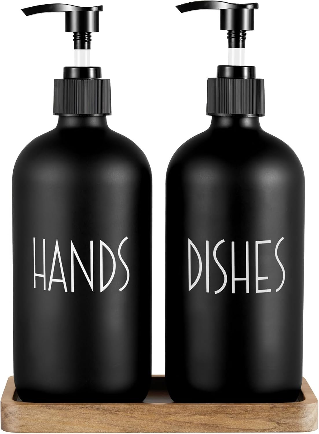 Black Glass Dish Soap Dispenser for Kitchen – 16 OZ Hand Soap Dispenser Set with Pump and Acacia Wood Tray – for Black Farmhouse Kitchen Decor and Accessories