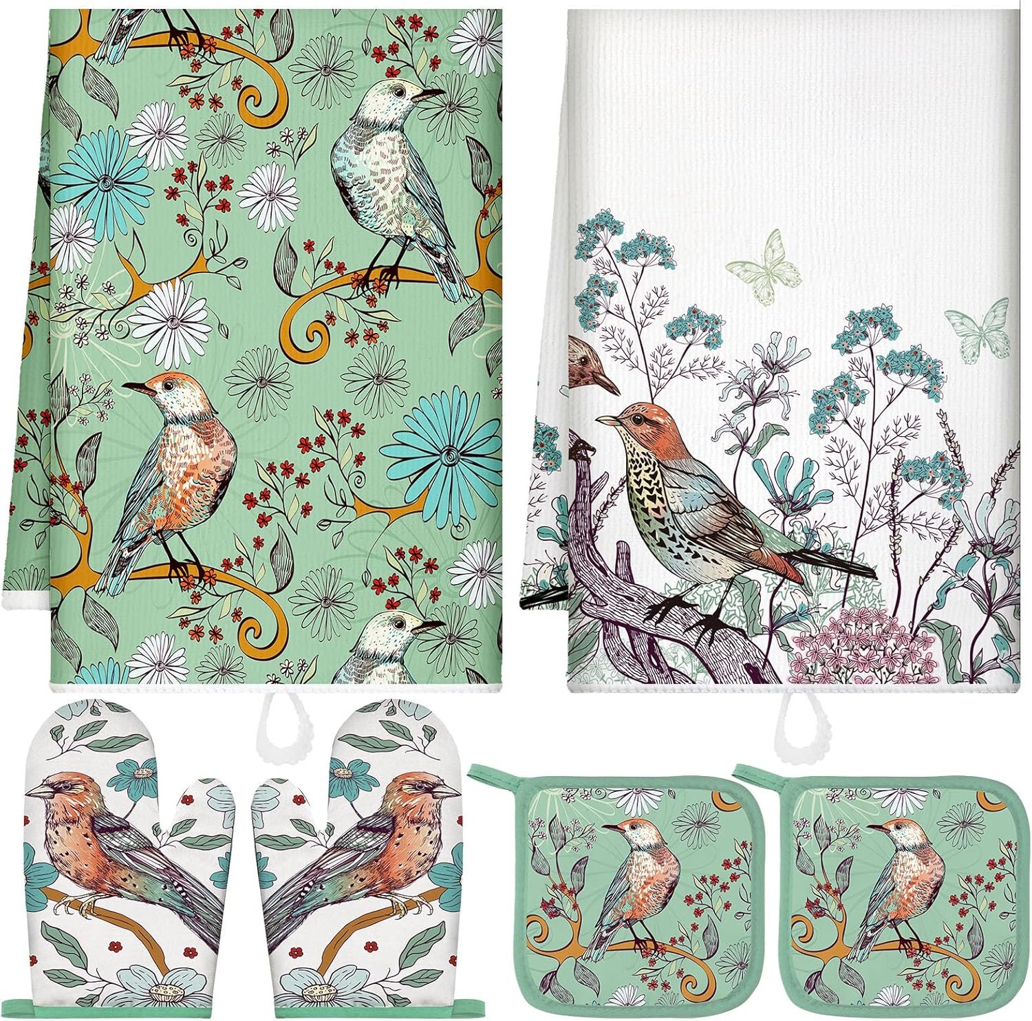 Leinuosen 6 Floral Plant Oven Mitts and Pot Holders Sets Farmhouse Kitchen Towels Absorbent Dish Towels for Cooking Baking Grilling(Green, White,Bird and Flower)