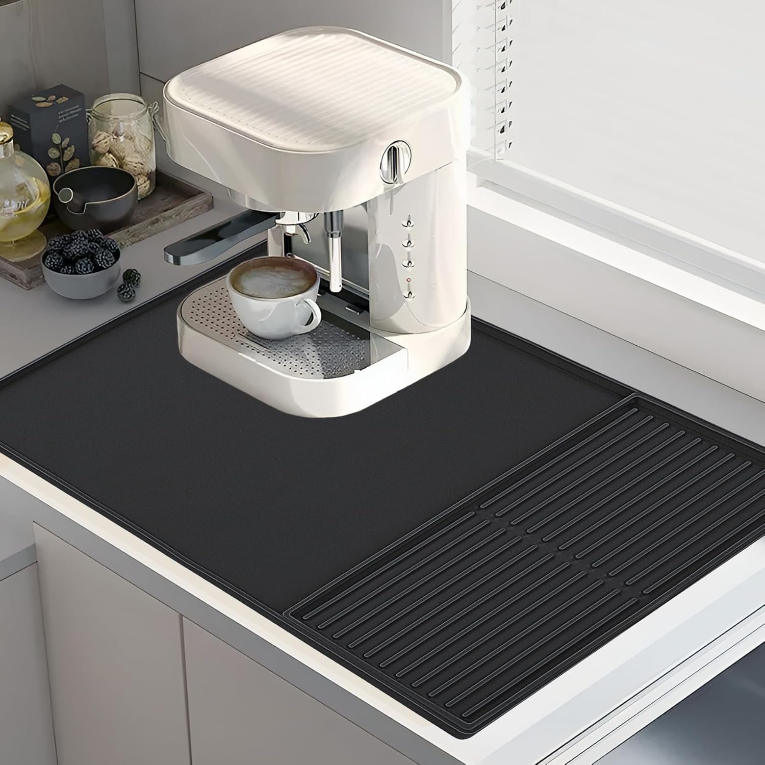 Meiliweser-Coffee Mat Silicone Drying Mat Hide Stains Suitable for Kitchen Countertop Coffee Bar Accessories Coffee Restaurant Decoration Easy to Absorbent and Removable (Black, L)