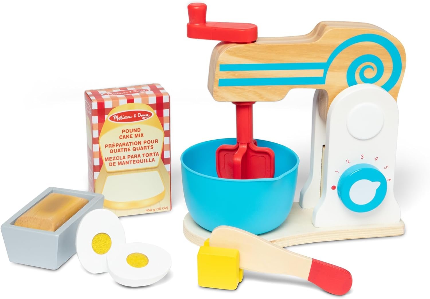 Melissa & Doug Wooden Make-a-Cake Mixer Set (11 pcs) – Play Food and Kitchen Accessories – FSC Certified