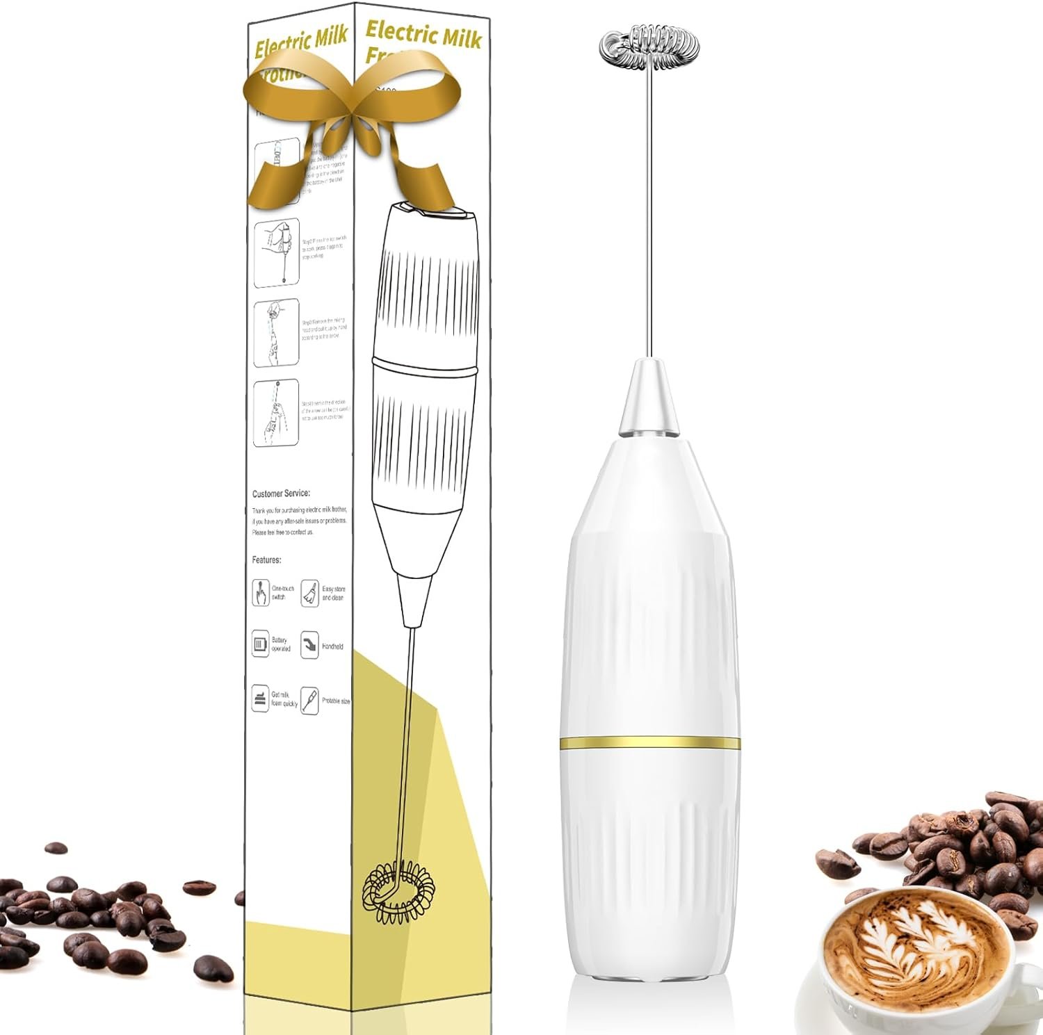 Milk Frother Handheld,Mini Drink Mixer and Coffee Blender Frother for Coffee Bar Accessories, Matcha Whisk,Latte, Cappuccino, Frappe, Hot Chocolate, Egg,Kitchen Essentials Gift (White)