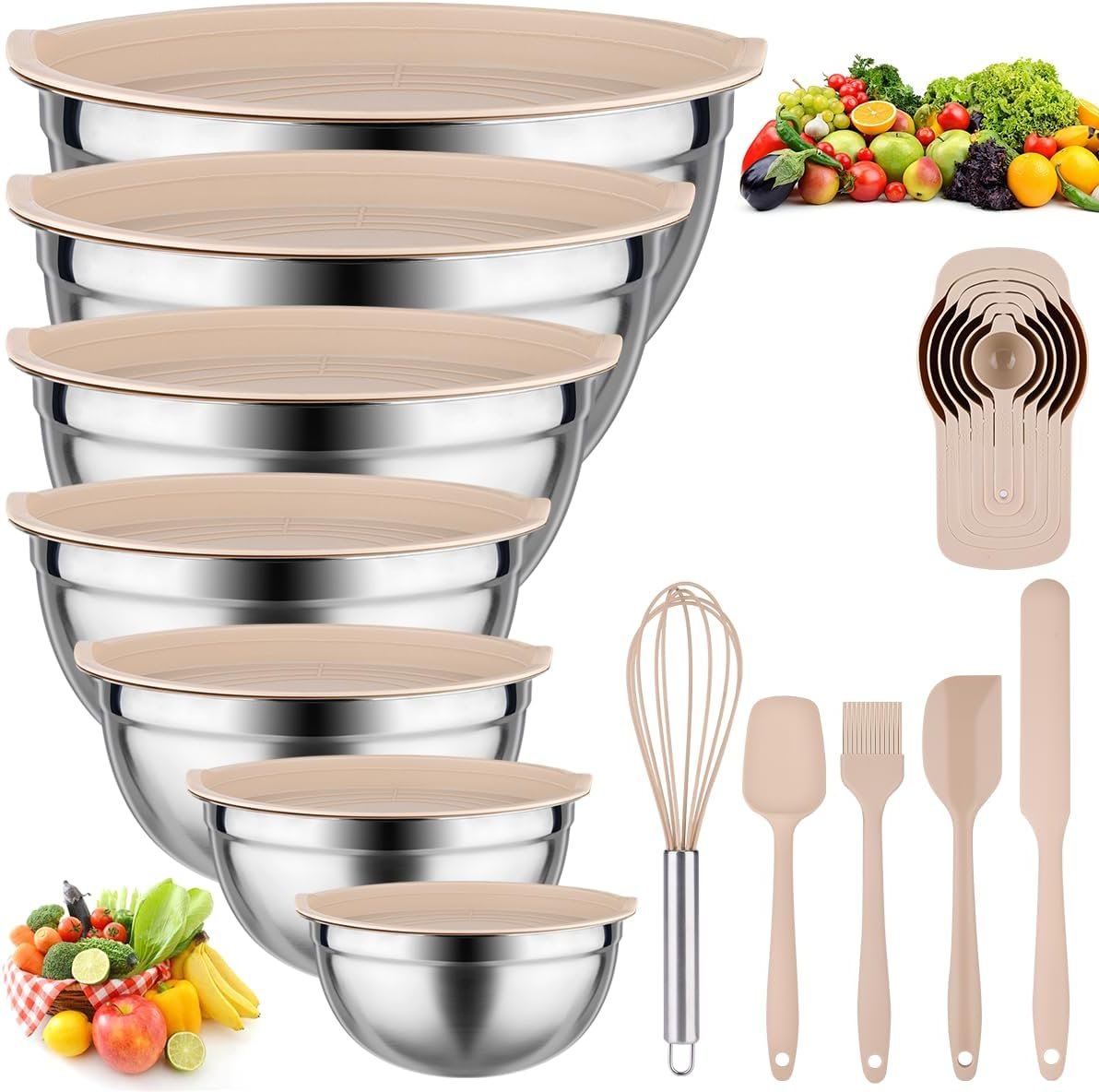 Mixing Bowls with Lids set – 26 PCS Stainless Steel Nesting Khaki Mixing Bowls Set for Baking,Mixing,Serving & Prepping,Size 5, 3.7, 2.8, 2.3, 1.7, 1.1, 0.7QT, 11 Cooking Utensils