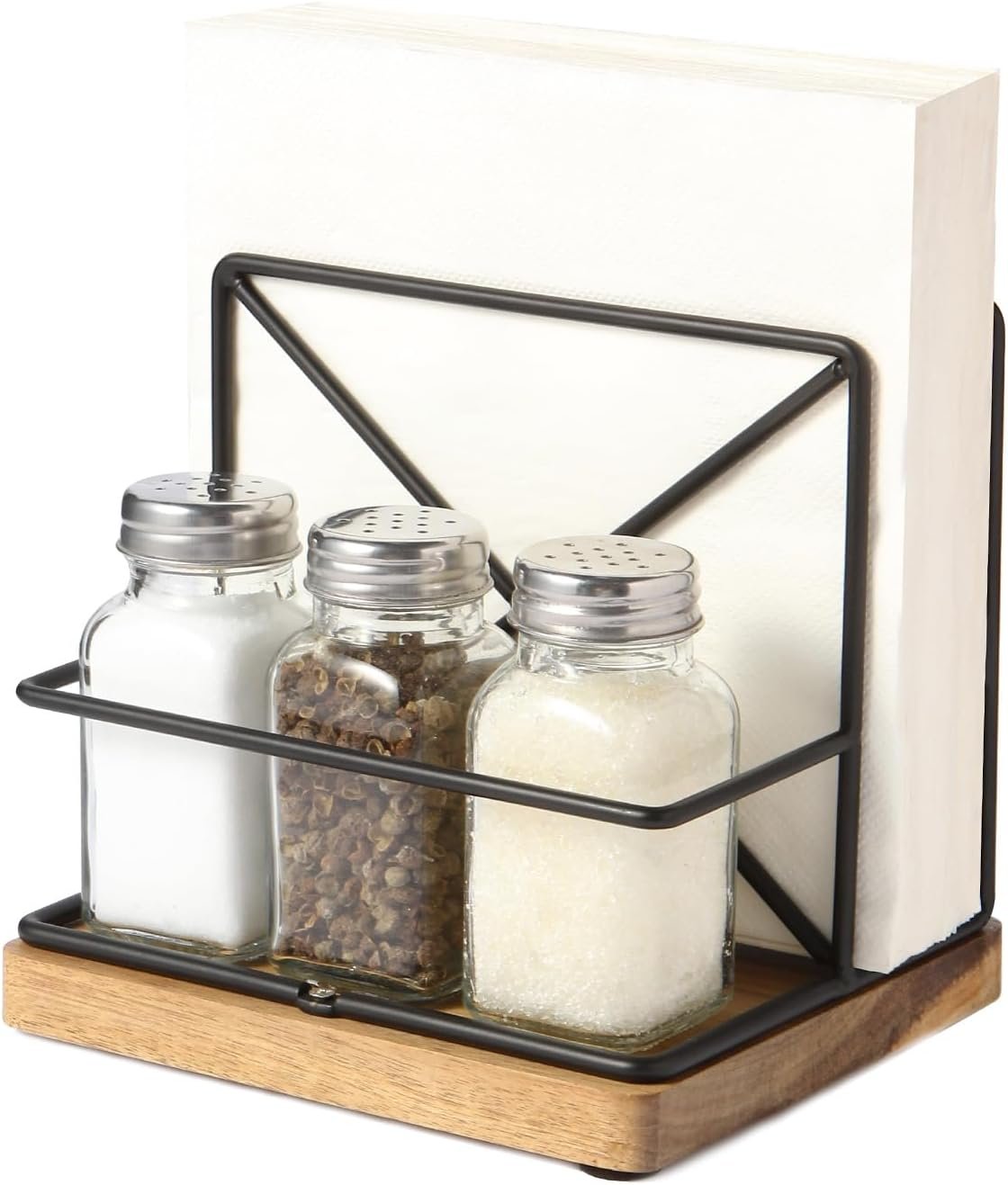 Napkin Holder for Table, Napkin Holder with Salt and Pepper Shakers Cadddy, Napkin Holder For Paper Napkins Kitchen Dining Table Decor, Wood & Metal Base, Black