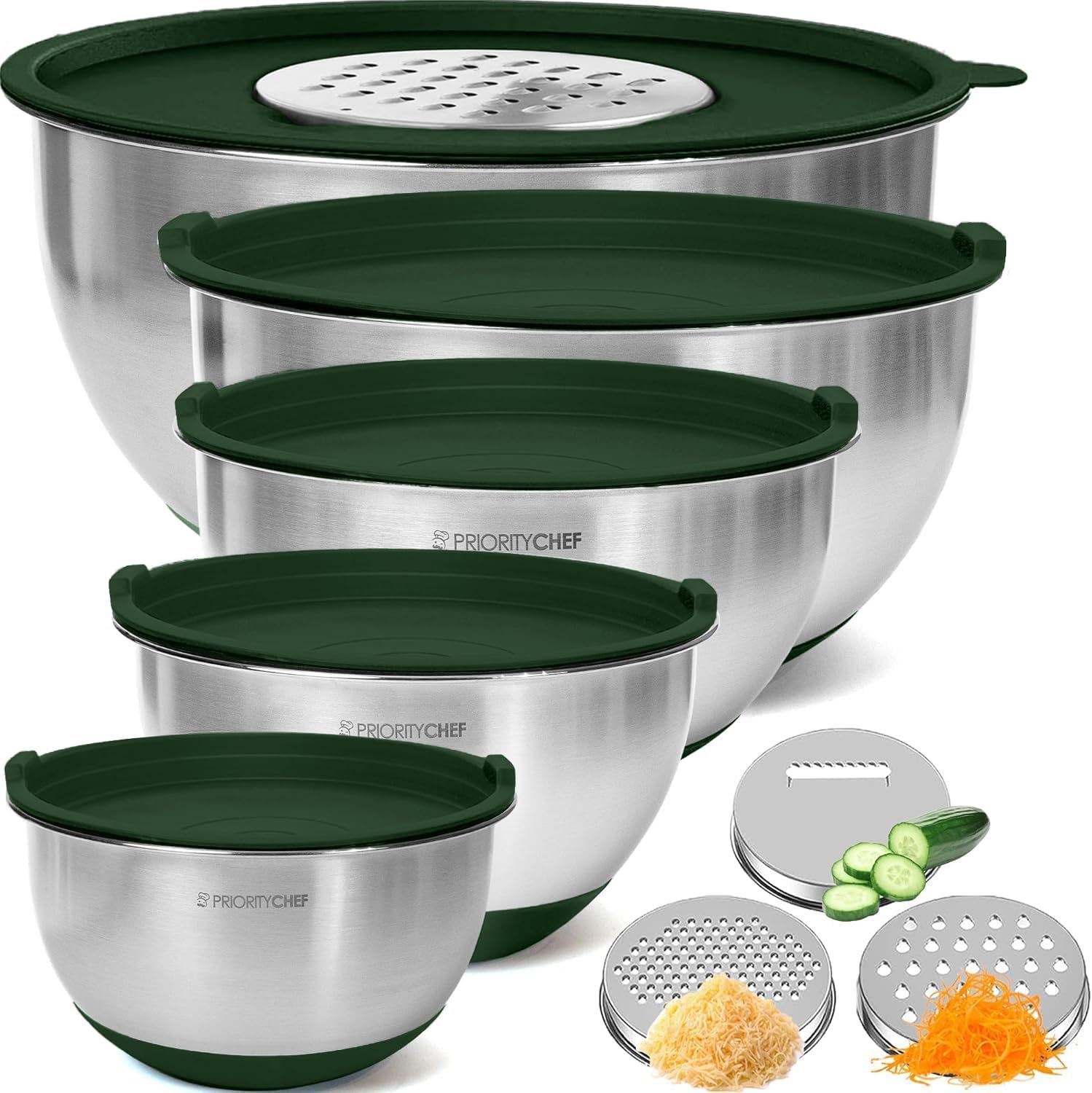 Priority Chef Stainless Steel Mixing Bowls with Lids Set, 3 Grater Attachments, Airtight Lids, Non-Slip Silicone Base Mixing Bowl Set, Large Prep Metal Mixing Bowls for Kitchen, Green
