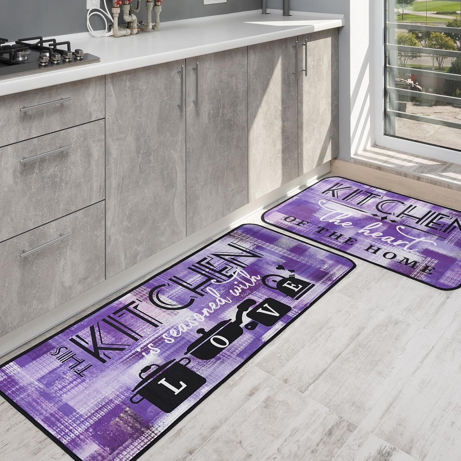 Purple Abstract Kitchen Mats for Floor Set of 2, Floor Mat Carpet Runner Area Rug Washable, Purple Home Kitchen Decor and Accessories Stuff, 17×30 and 17×47 Inch