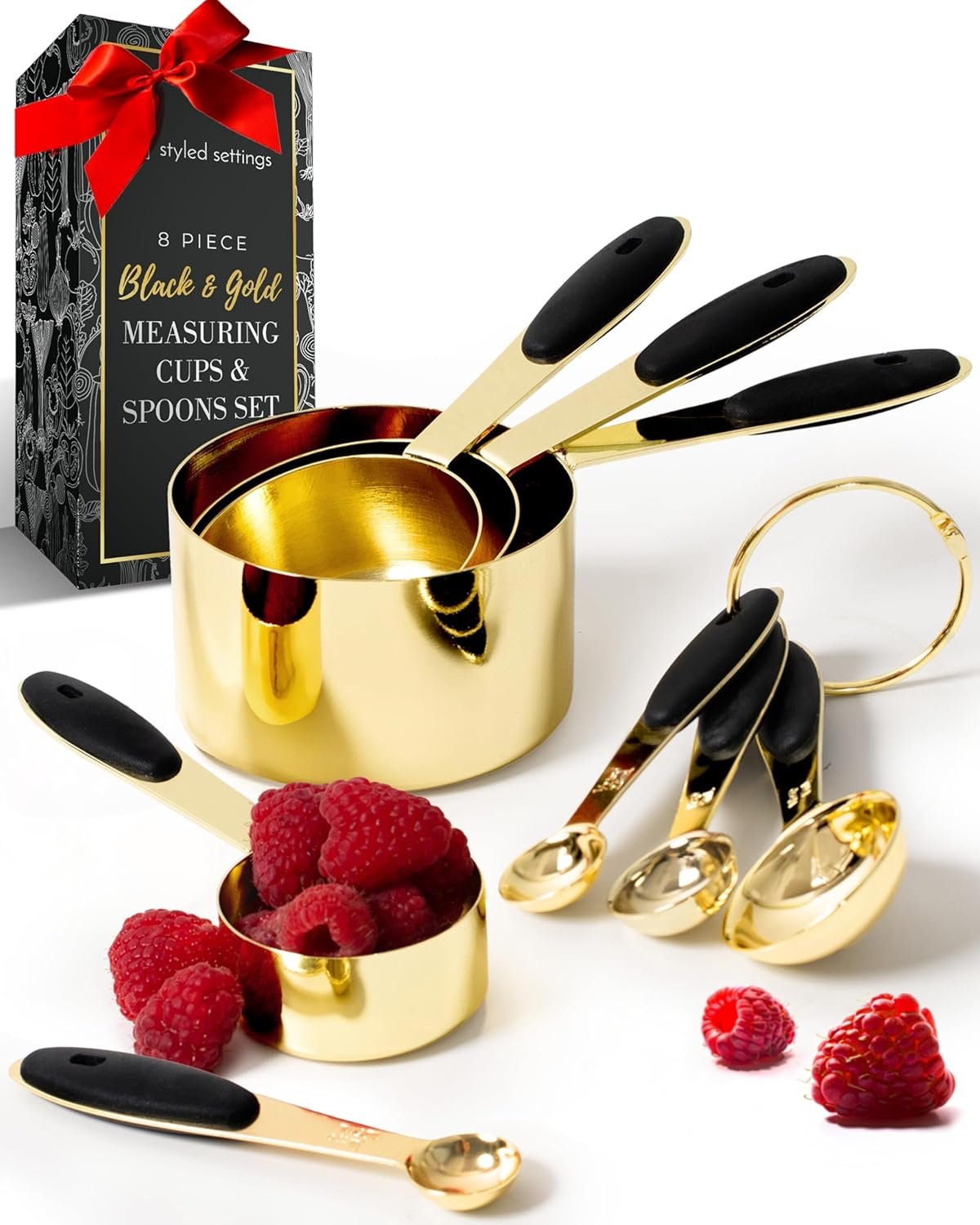 Styled Settings Black and Gold Measuring Cups and Spoons Set – 8PC Stainless Steel Measuring Spoons and Cups Set for Precise Baking & Cooking – Stylish Black and Gold Kitchen Accessories
