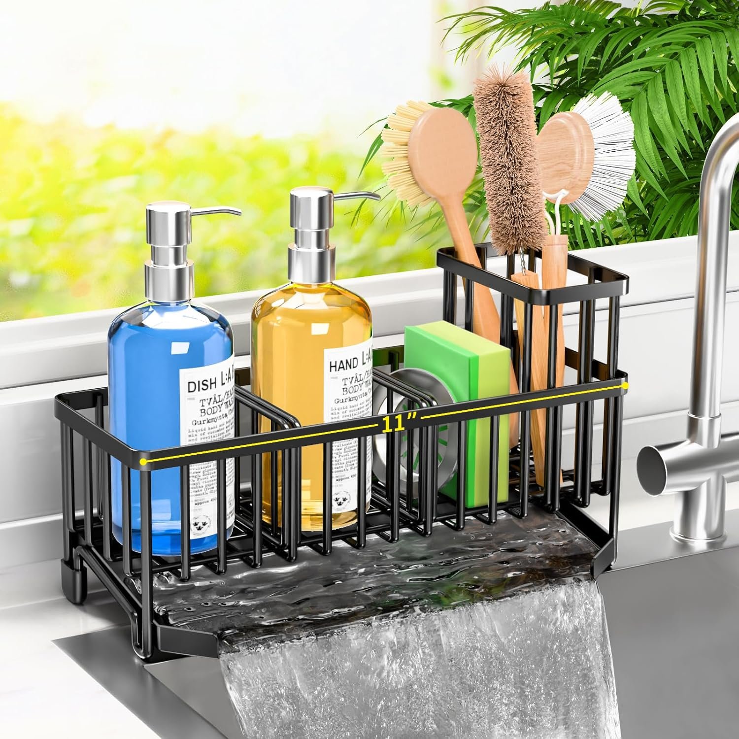 TomCare Sponge Holder for Kitchen Sink Large Sink Caddy with Drain Tray Brush Holder Rustproof Kitchen Sink Organizer with 2 Adjustable Dividers Durable Kitchen Storage Accessories for Counter