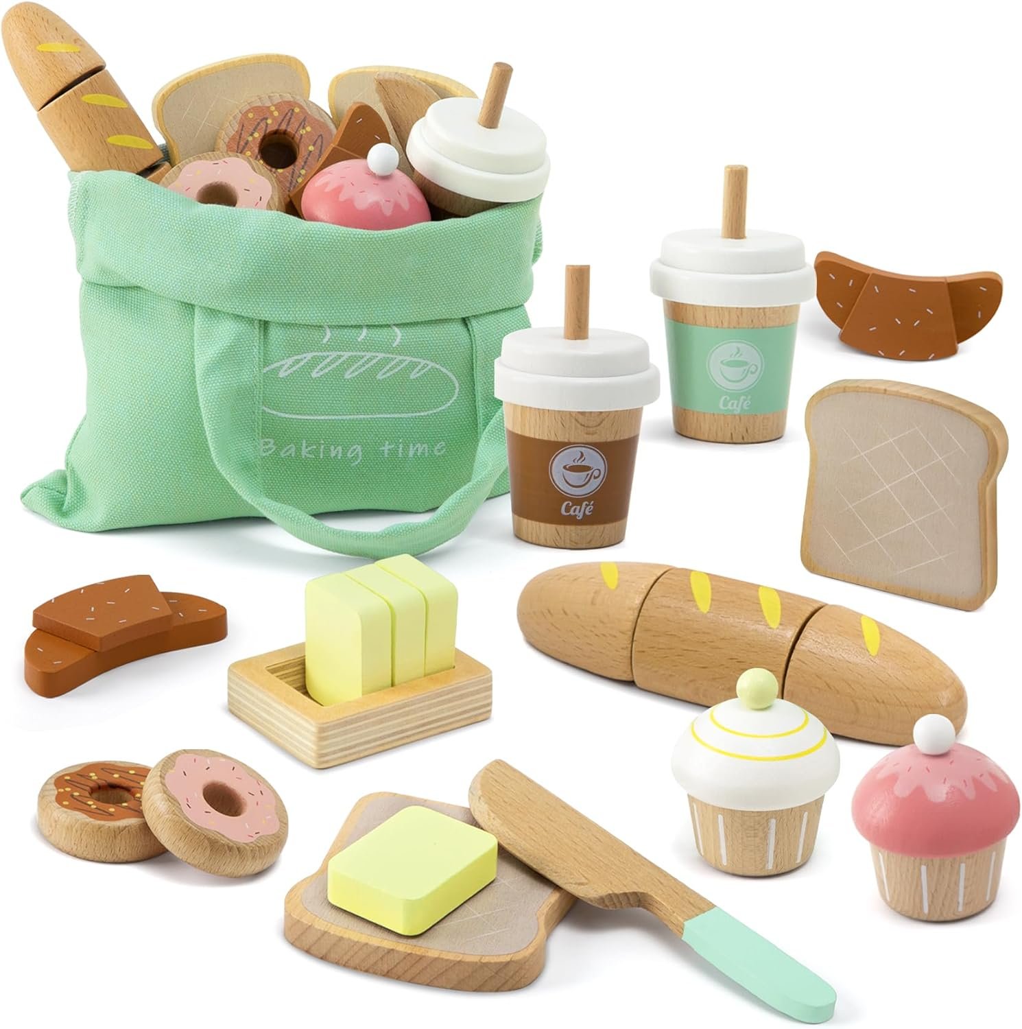 17 PCS Wooden Bakery Toy Food Playset for Kids, Pretend Picnic Play Food for Toddlers 3+, Play Kitchen Accessories with Shopping Bag, Cutting Food Toys, Gift for Girls Boys and Girls