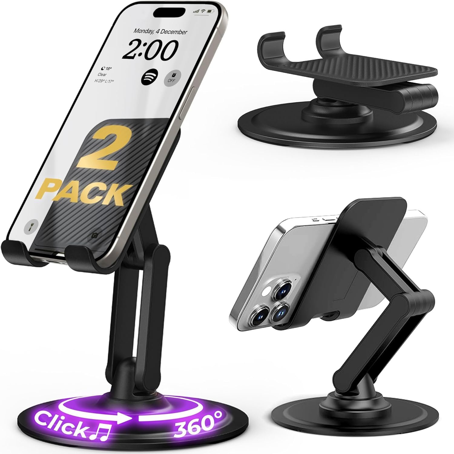 Cooper 360° Stand, 2-Pack – Adjustable Cell Phone Stand for Desk | 360° Click-Rotating Mobile Stand, Multi-Angle, Metal Base, Foldable, Portable | Cell Phone Holder for Desk (Black, 2pc)