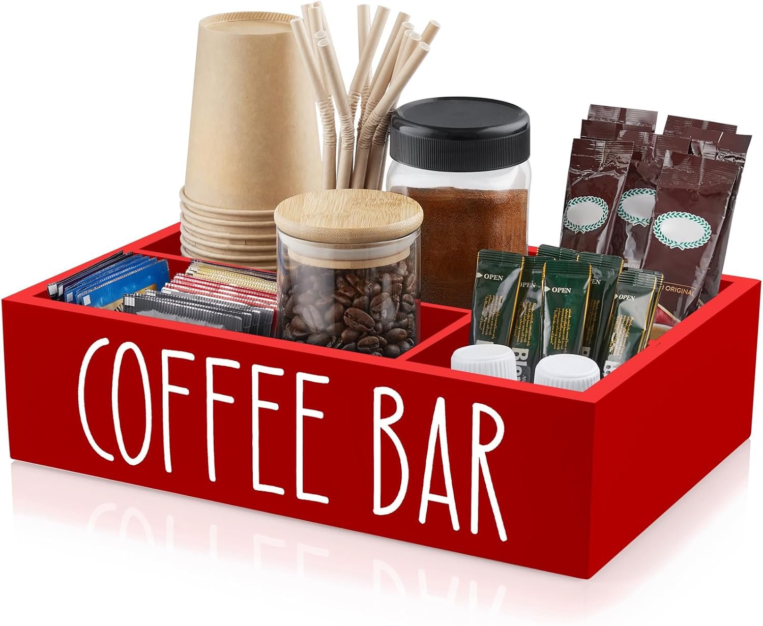 ALELION Red Coffee Station Organizer with Removable Dividers – Coffee Pod Holder Storage Basket for K Cup Sugar Tea – Red Coffee Bar Kitchen Decor Accessories Organizer for Countertop