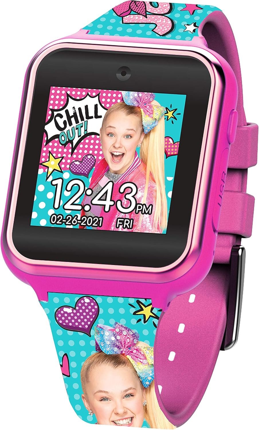 Accutime JoJo Siwa Kids Smartwatch with 10 Watch Faces, Selfie Camera, Voice and Video Recorder, Step Counter, Timer, Stopwatch, Alarm, Fun Games, Calculator, and 3 Wallpapers – Fits Wrists 5.5″-8.0″