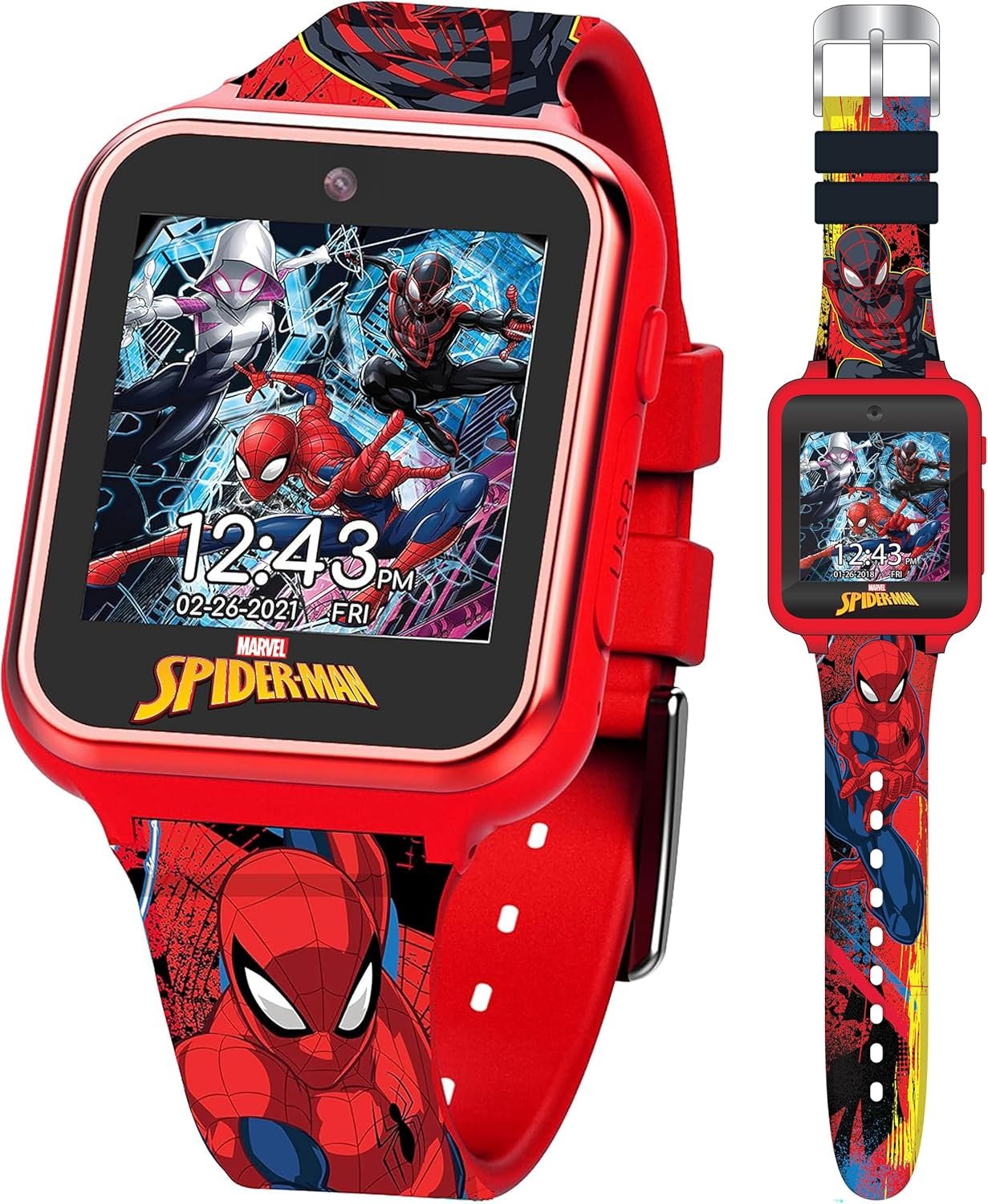 Accutime Kids Marvel Spider-Man Red Educational Touchscreen Smart Watch Toy for Boys, Girls, Toddlers – Selfie Cam, Learning Games, Alarm, Calculator, Pedometer, and More (Model: SPD4667AZ)