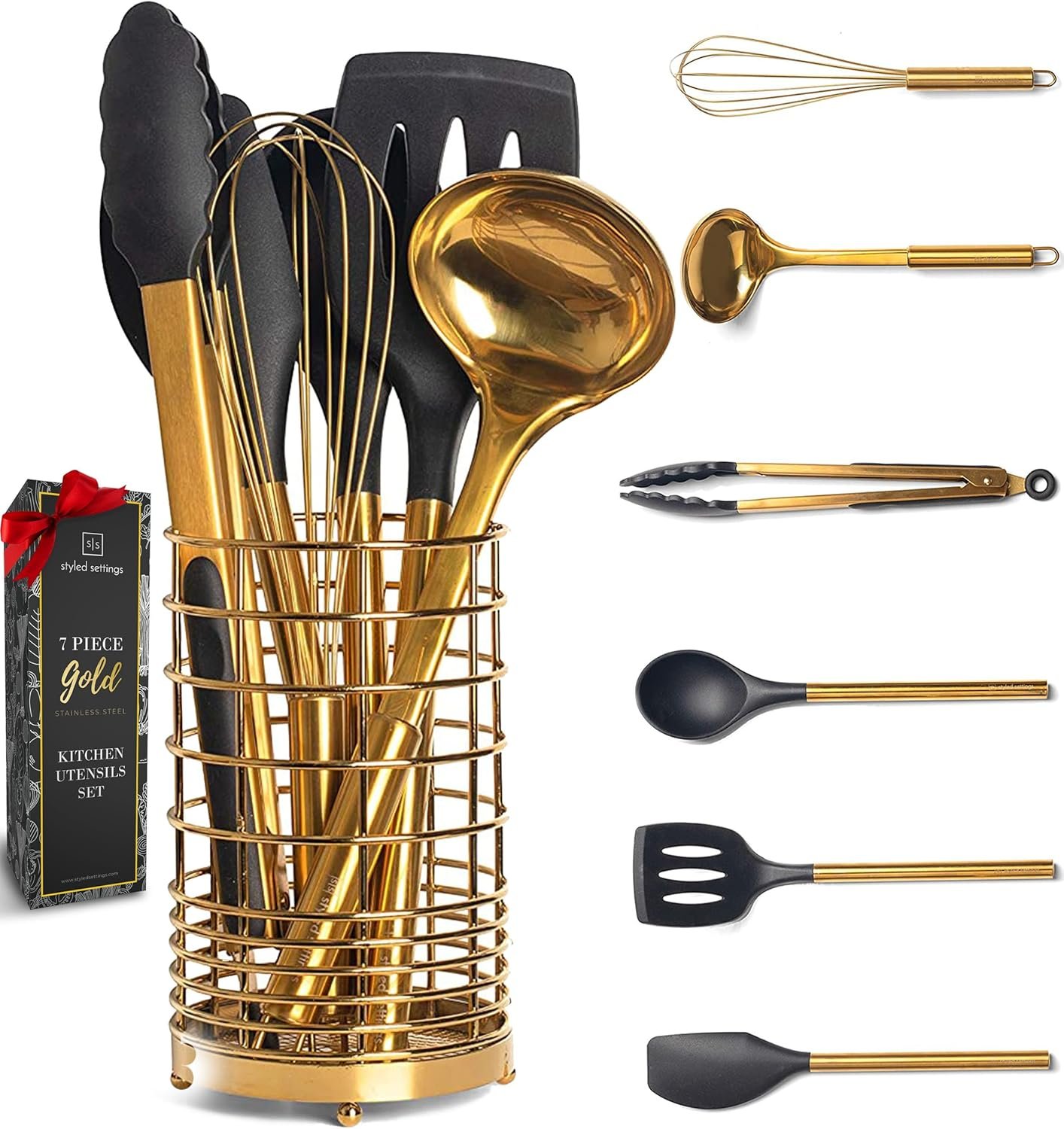 Black and Gold Kitchen Utensils Set – 7-Piece Silicone Cooking Tools with Gold Utensil Holder for Nonstick Cookware and Modern Kitchens – Stylish Luxury Kitchen Accessories