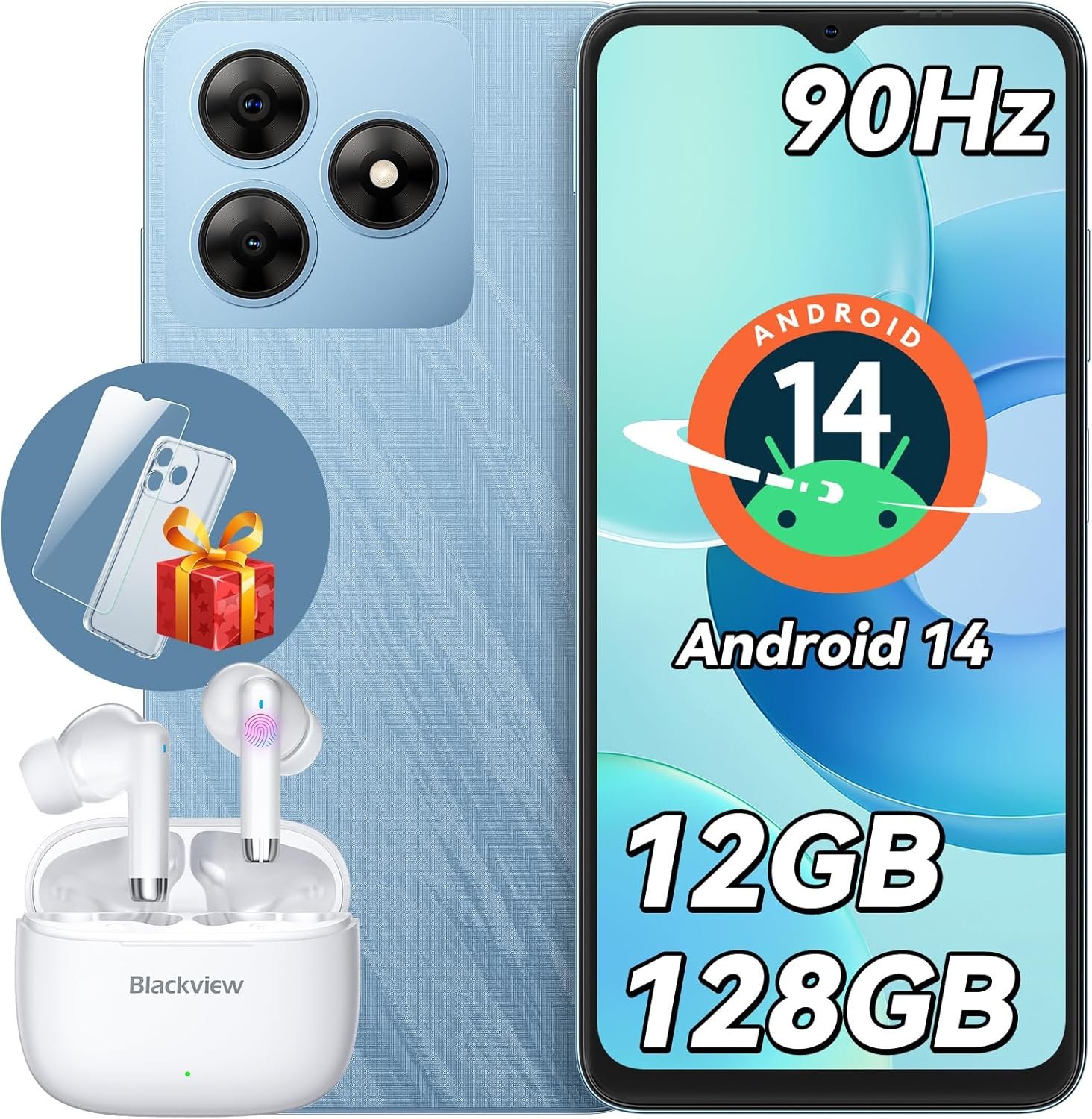 Blackview Wave 8 Android 14 Smartphones, Octa-core 12GB +128GB Expand 2TB Unlocked Cell Phone, 90Hz, Fingerprint & Face Unlock, 5000mAh Android Phone Unlocked, 2 Years Warranty, 3.5mm Earphone Jack