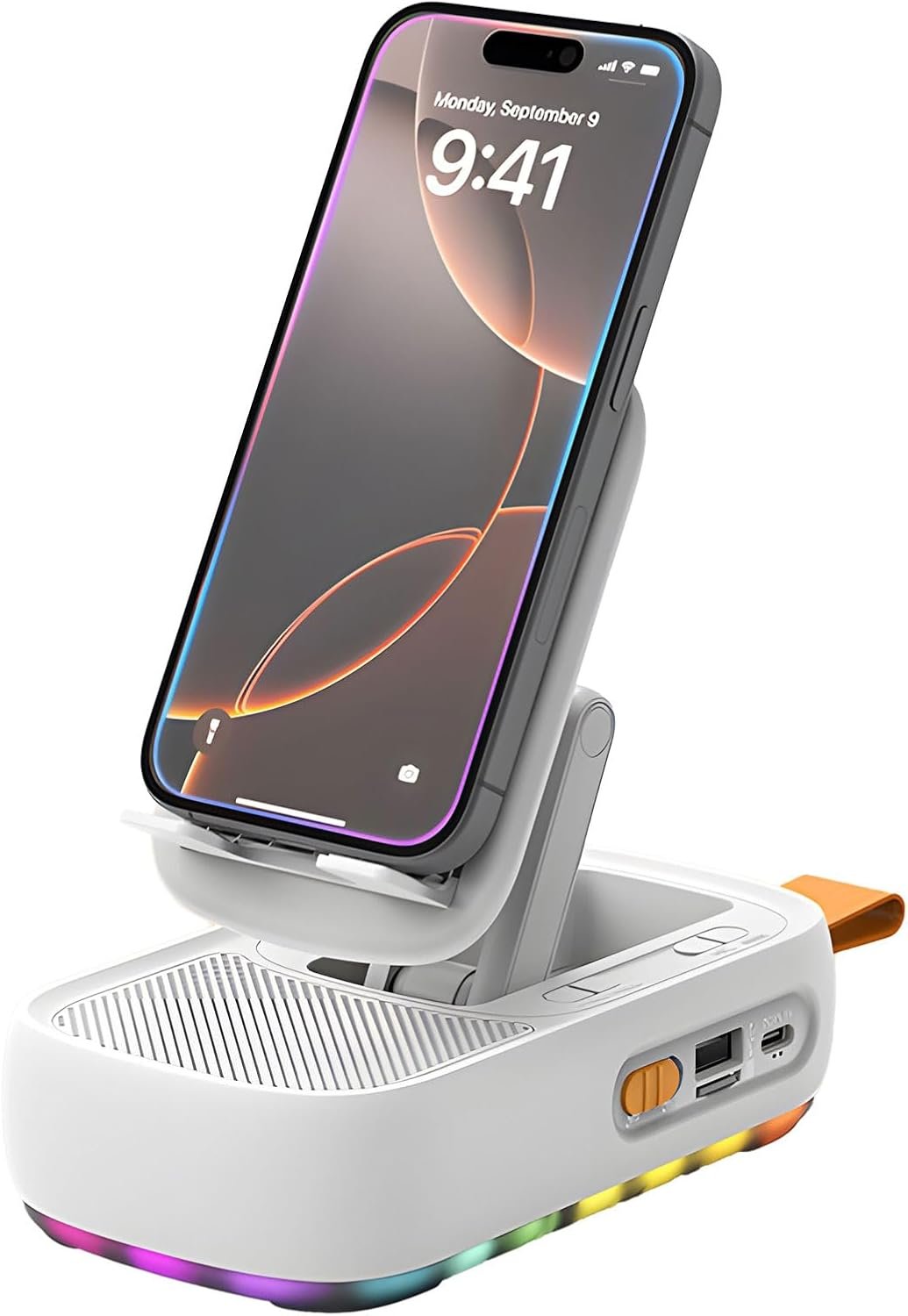 Cell Phone Stand with Bluetooth Speaker and Colorful Ambient Light, 360° Rotation & Foldable Stand, Support TF Card Wireless Speaker for Desk Compatible with iPhone/ipad/Samsung Galaxy (White)