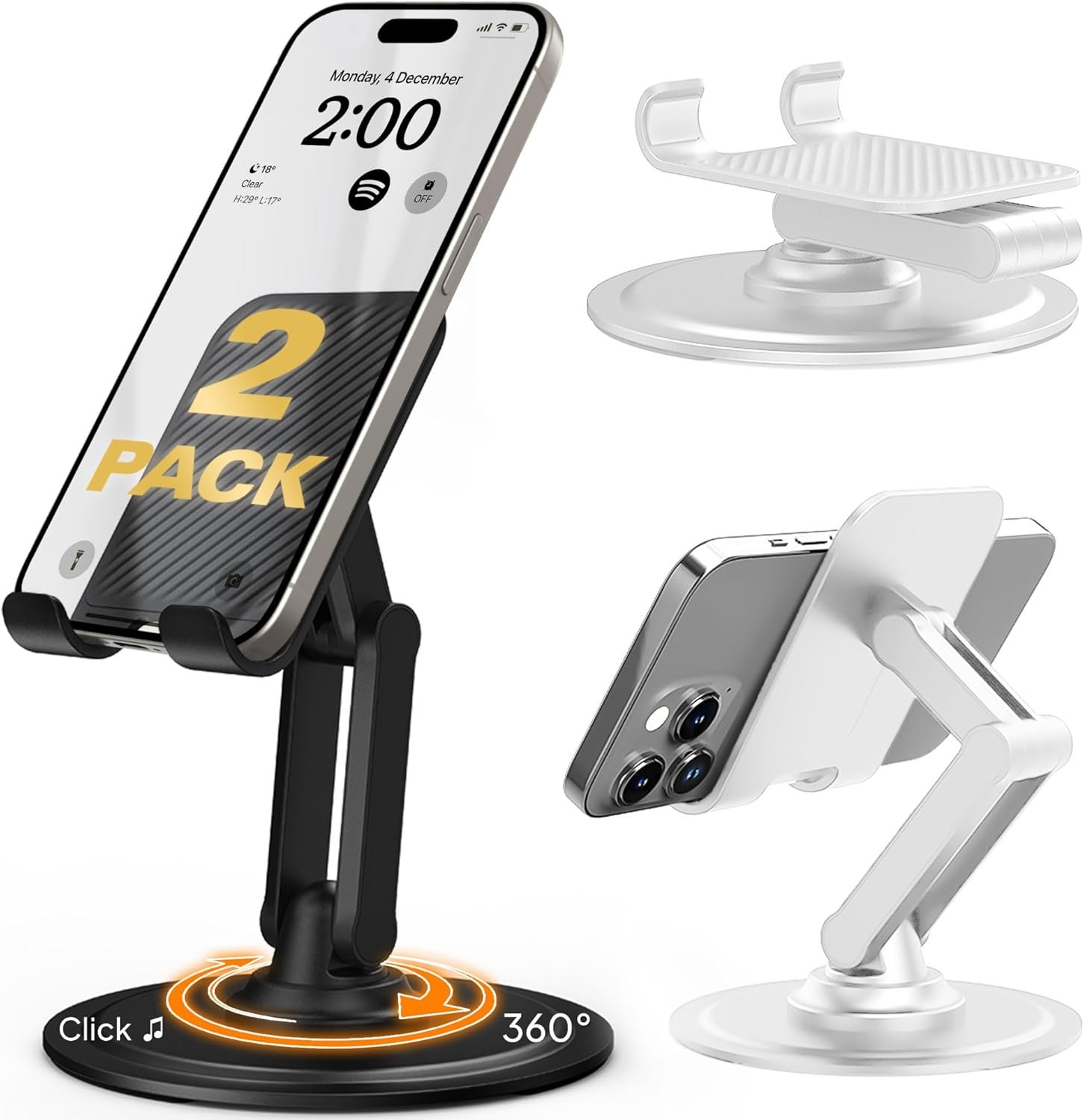 Cooper 360° Stand, 2-Pack – Adjustable Cell Phone Stand for Desk | 360° Click-Rotating Mobile Stand, Multi-Angle, Metal Base, Foldable, Portable | Cell Phone Holder for Desk (Black/White, 2pc)