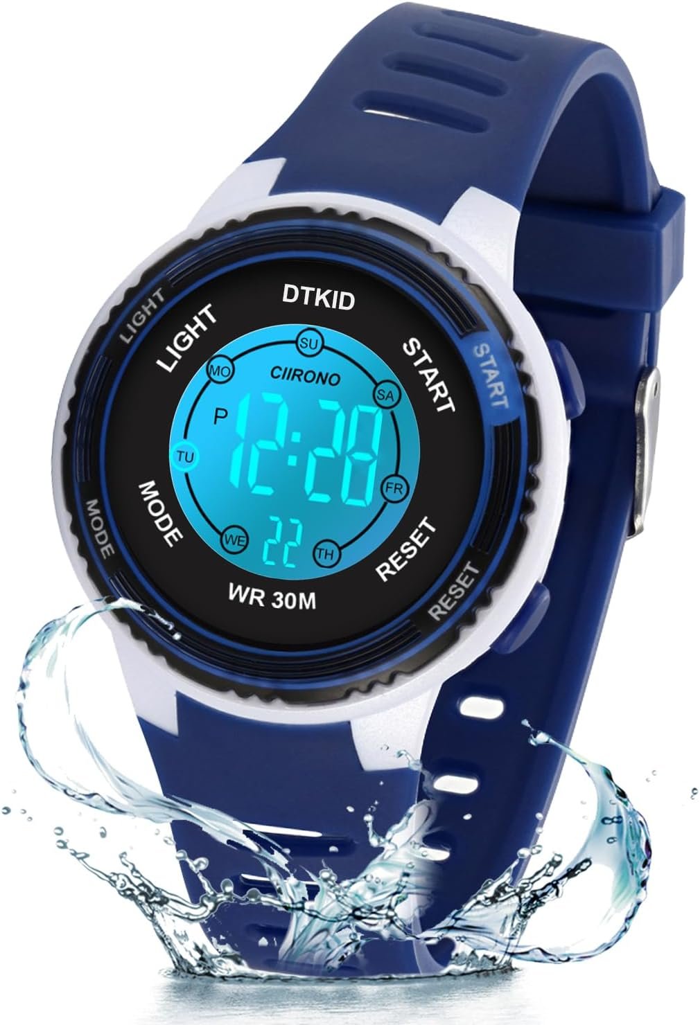 DTKID Digital Kids Watch 30 M Waterproof, 7 Color Lights Time Teaching Watch Easy to Read for Girls Boy 5-16