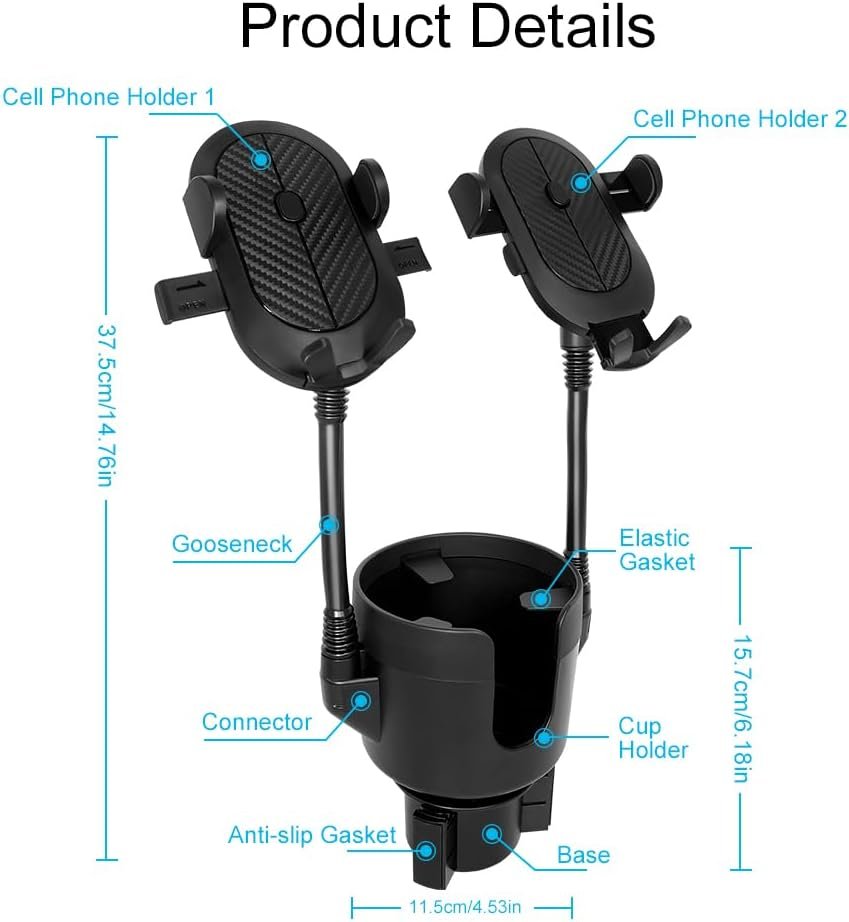 Dual Cup Phone Holder for Car, 360°Rotatable Car Phone Mount Adjustable Gooseneck Cell Phone Cup Holder Universal Fits for Most 4″-6.7″ i-Phone Cell Phone Automobile Cradles
