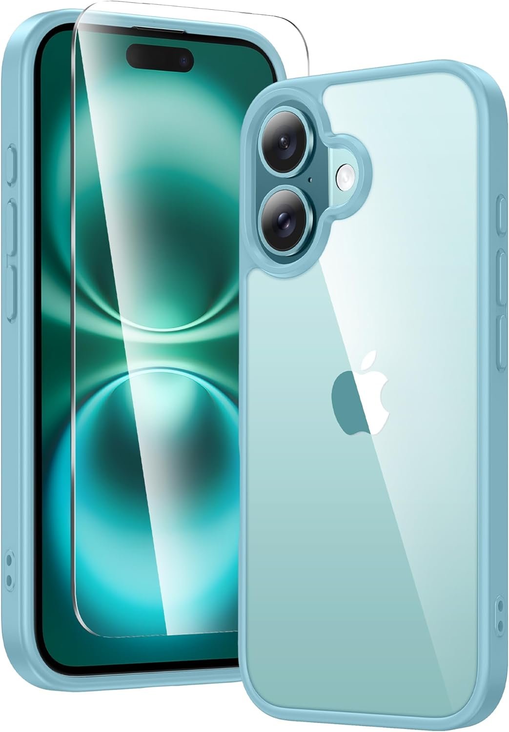 FNTCASE for iPhone 16 Phone Case: Military Grade Drop Protection Anti Yellowing Slim Case – Rugged Shockproof Protective Transparent Cell Phone Cover(Clear-Teal)