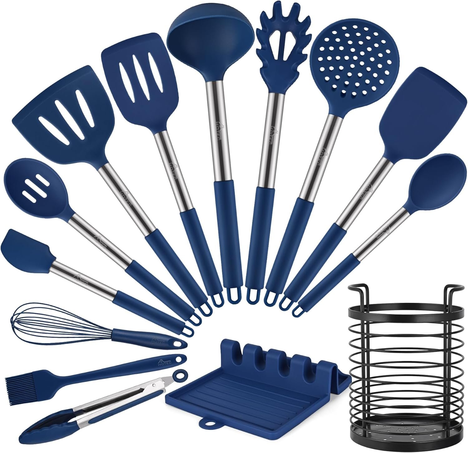 HOTEC Heat Resistant Silicone Kitchen Utensils, Cooking Utensil Set, Spatula Set, BPA Free, Kitchen Gadgets, with Stainless Steel Utensils Holder, Dishwasher Safe, 14pcs Classic Blue