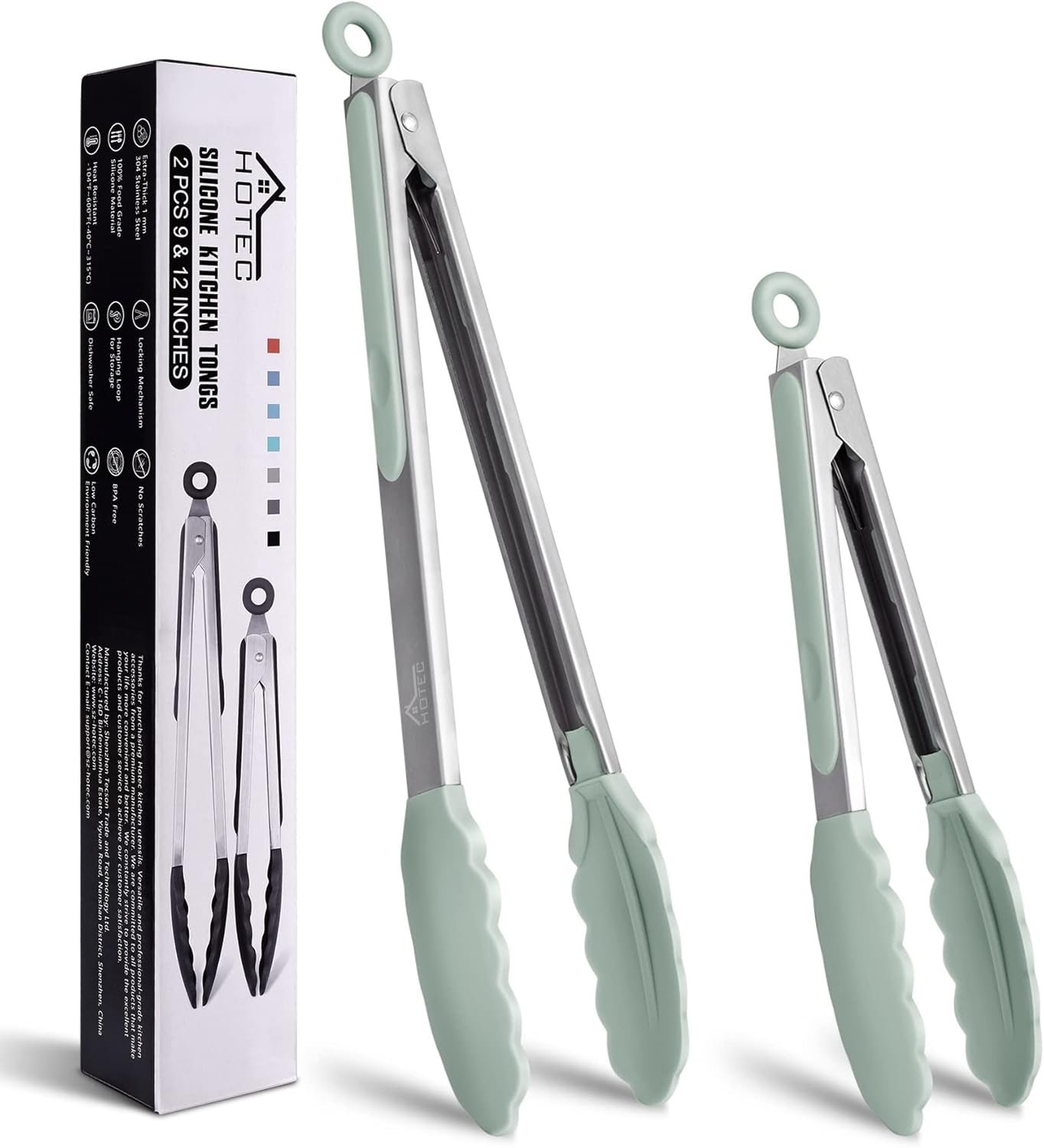 Hotec Premium Stainless Steel Locking Kitchen Tongs with Silicon Tips, Set of 2-9″ and 12″ Light Green