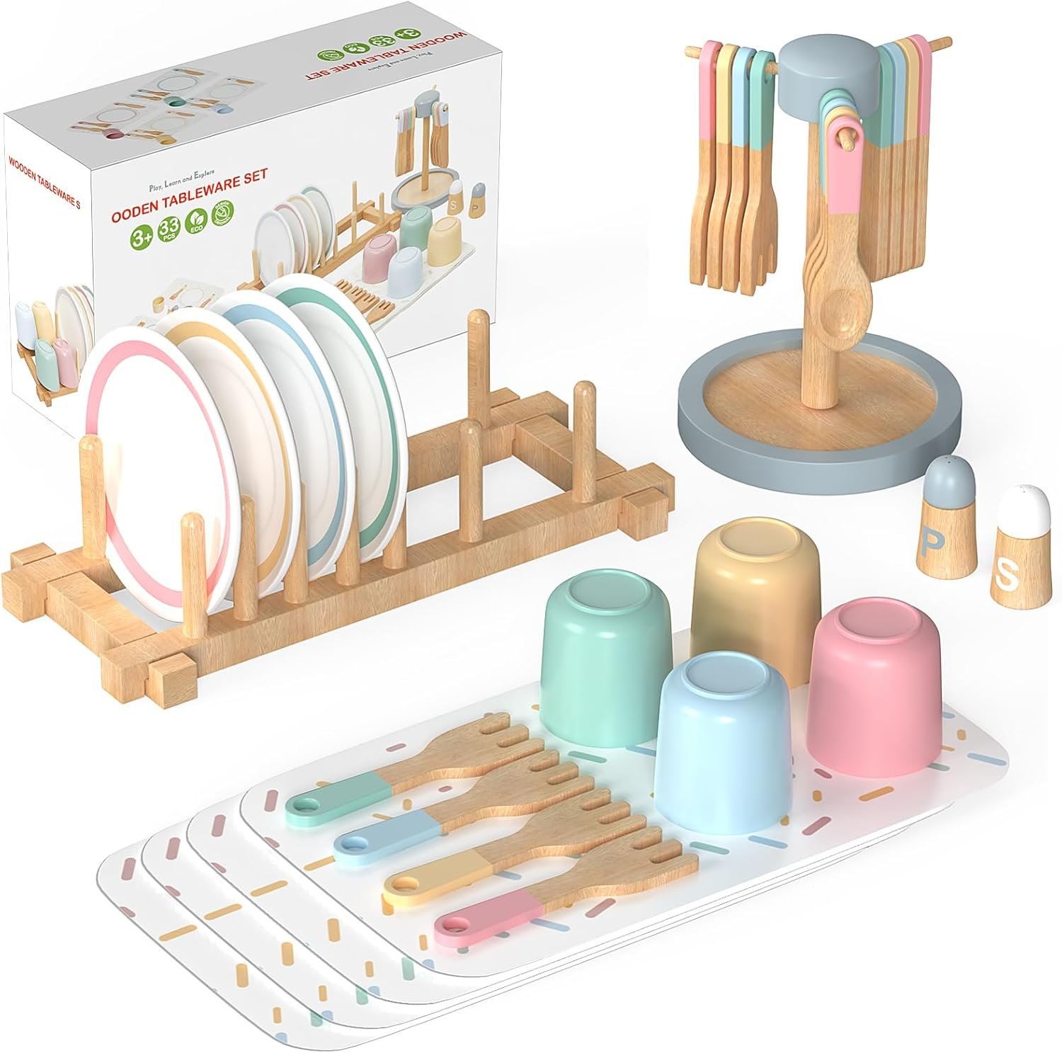 IIFONII 33PCS Kids Kitchen playset Wooden Kitchen Set for Girls and Boys, Montessori Toys for 1-6 Year Old Toy Dishes Baby Kitchen Set, Pretend Wooden Play Kitchen Accessories Toys for Toddlers
