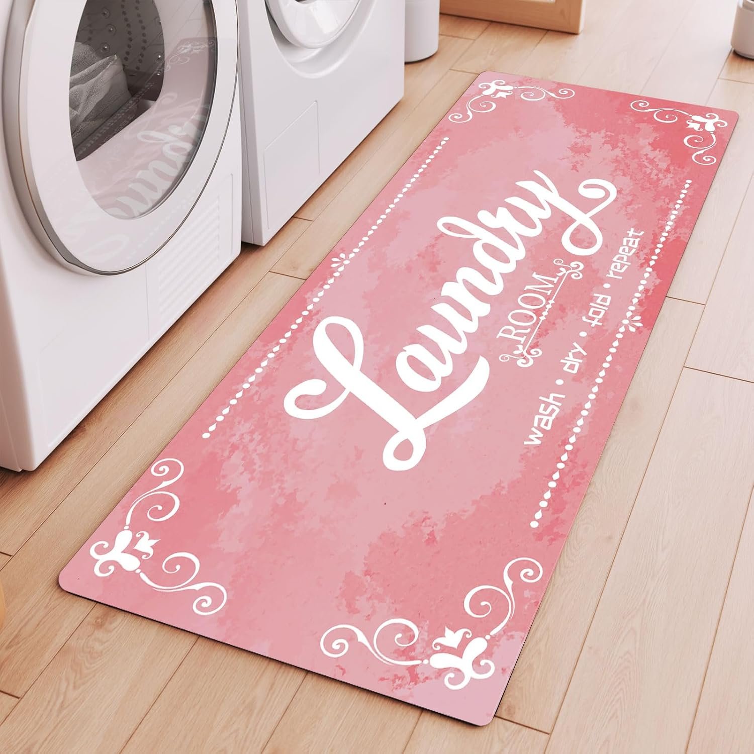 Laundry Room Rug Runner, 17.7″x45″ Non Slip Pink Laundry Rugs, Farmhouse Washable Floor Laundry Mats for Laundry Room, Mudroom, Kitchen, Washroom, Bathroom, Hallway Entryway Area Rugs Decor