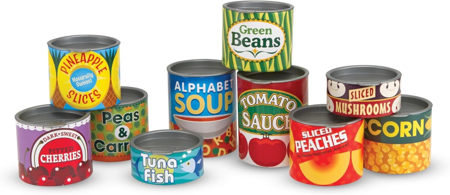 Melissa & Doug Let’s Play House! Grocery Cans Play Food Kitchen Accessory ,3+ years- 10 Stackable Cans With Removable Lids