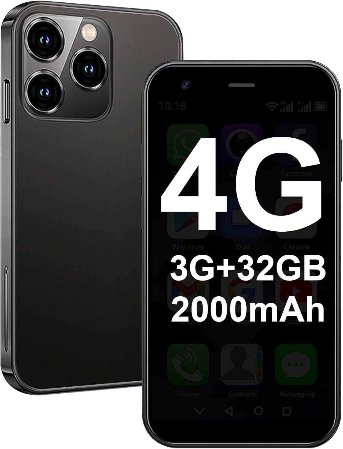 Mini Phone 4G Unlocked World’s Smallest Mini Smartphone 3.0” Touch Screen Compact Mobile Phone for Kids & Students 2000mAh Battery Cell Phone with Dual SIM Quad Core Face ID GPS 3GB+32GB Black