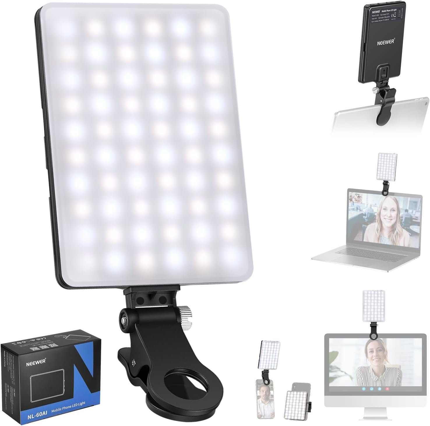 NEEWER Basic Selfie Light with Front & Back Phone Clip, 60 LED 2000mAh Rechargeable CRI 95+, 3 Light Modes, Portable Clip on Light for Phone/Tablet/Laptop, Zoom Call TikTok Video Fill Light – NL-60AI