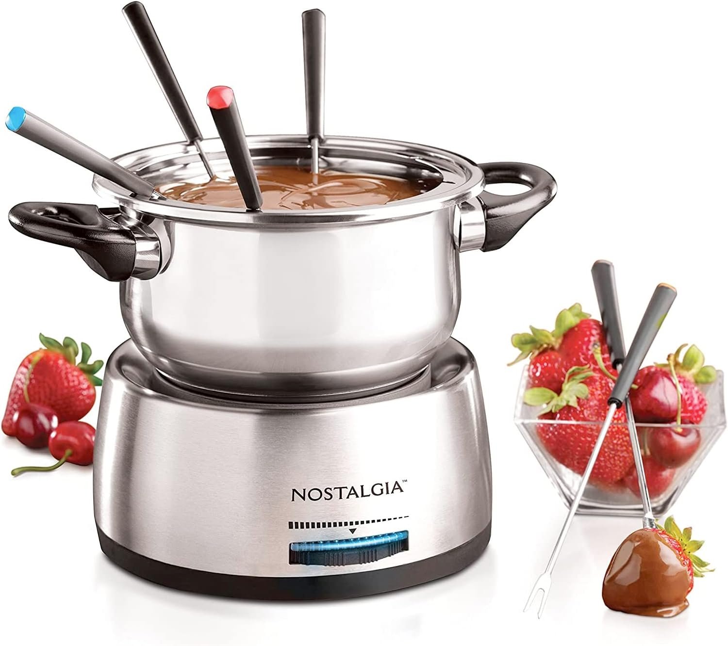 Nostalgia 6-Cup Electric Fondue Pot Set for Cheese & Chocolate – 6 Color-Coded Forks, Temperature Control – Stainless Steel Kitchen Gadgets and Appliances for Hors d’Oeuvres and More – Stainless Steel