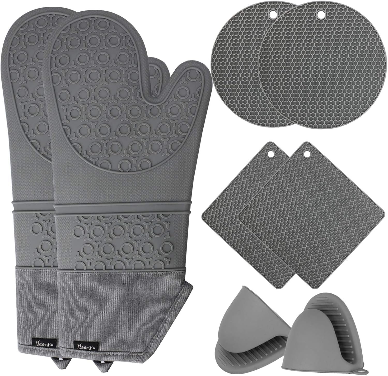 Oven Mitts and Hot Pads Sets, 8Pcs Extra Long Silicone Oven Gloves with Non-Slip Heat Resistant Hot Trivet Mats and Cooking Pinch Mitts Pot Holders Set for Baking Cooking, Grey