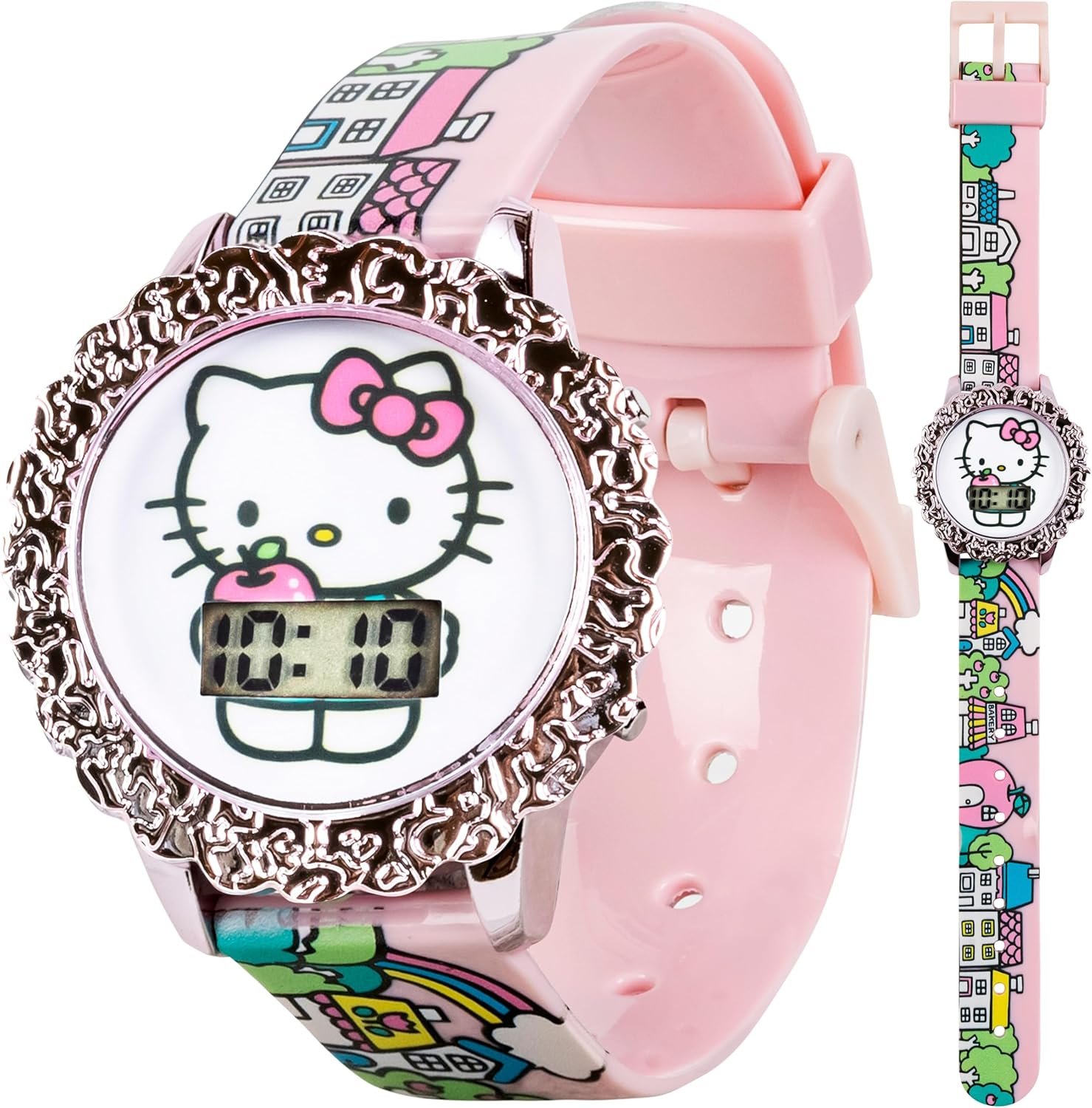 Sanrio Hello Kitty Kids Flashing LCD Watch – Pink Cityscape Strap, Decorative Bezel, Digital Display, Light-Up Feature, Adjustable Fit, Adorable Design, Great Gift for Girls – Fits Wrists 5.5” to 8”
