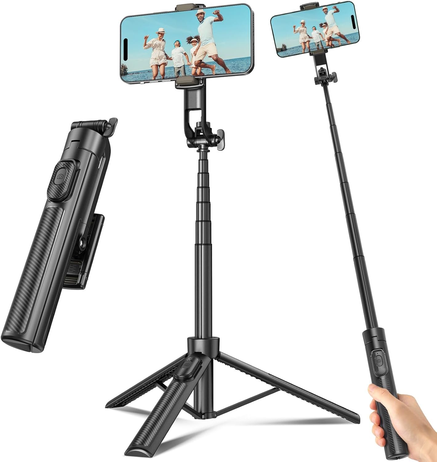 Selfie Stick Travel Tripod for Cell Phone with Remote Control and Phone Holder, Extendable Selfie Stick for iPhone, iPhone Tripod for Video Recording, Cell Phone Tripod Stand, 50 Inch, Black