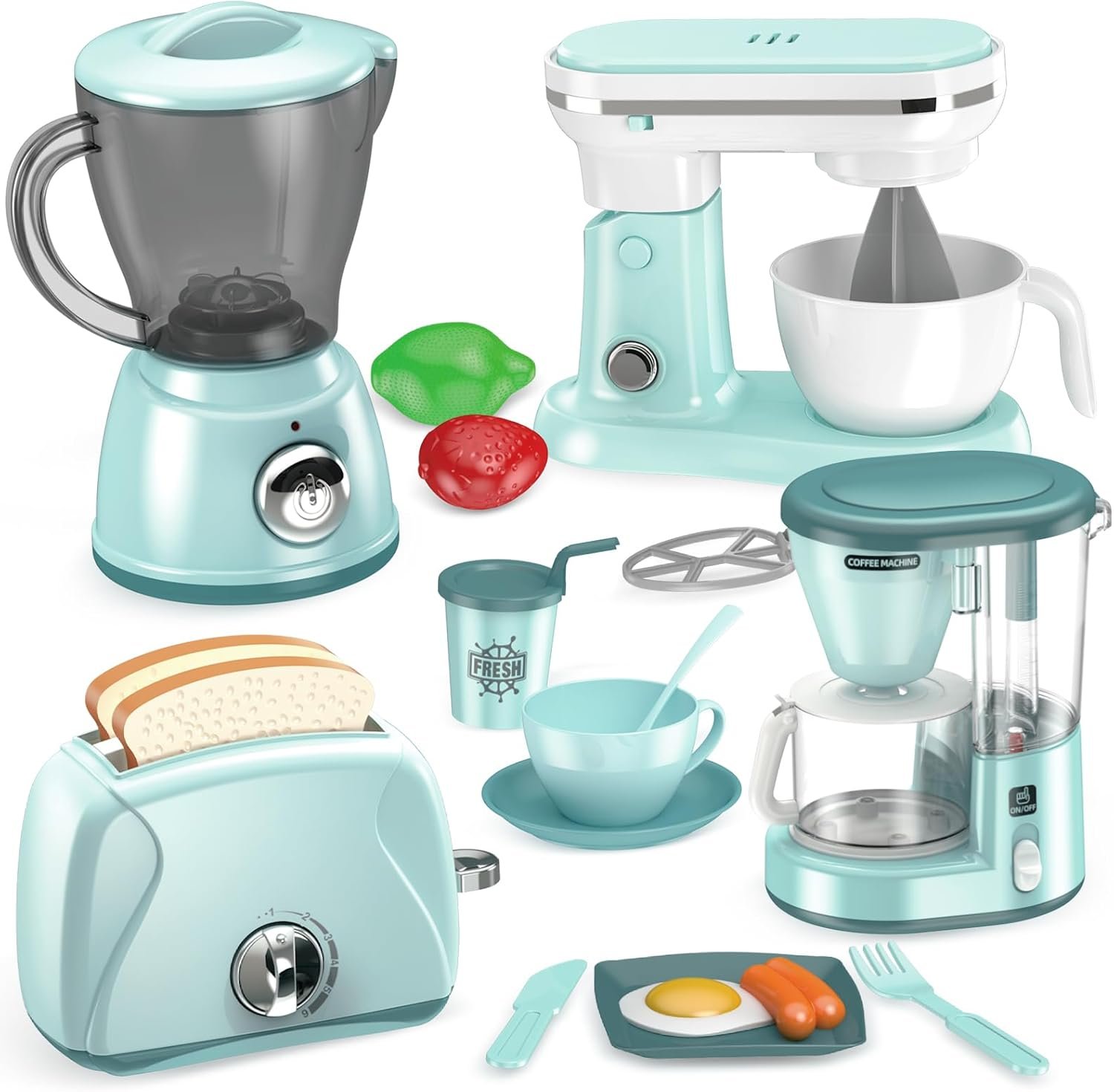 Shemira Play Kitchen Accessories, Pretend Kitchen Appliances Toy Set with Coffee Maker, Blender, Mixer, Toaster, Toys for 3 4 5 6 7 8 Year Old, Birthday Gifts for Kids Age 3-5 4-6 6-8 Girls