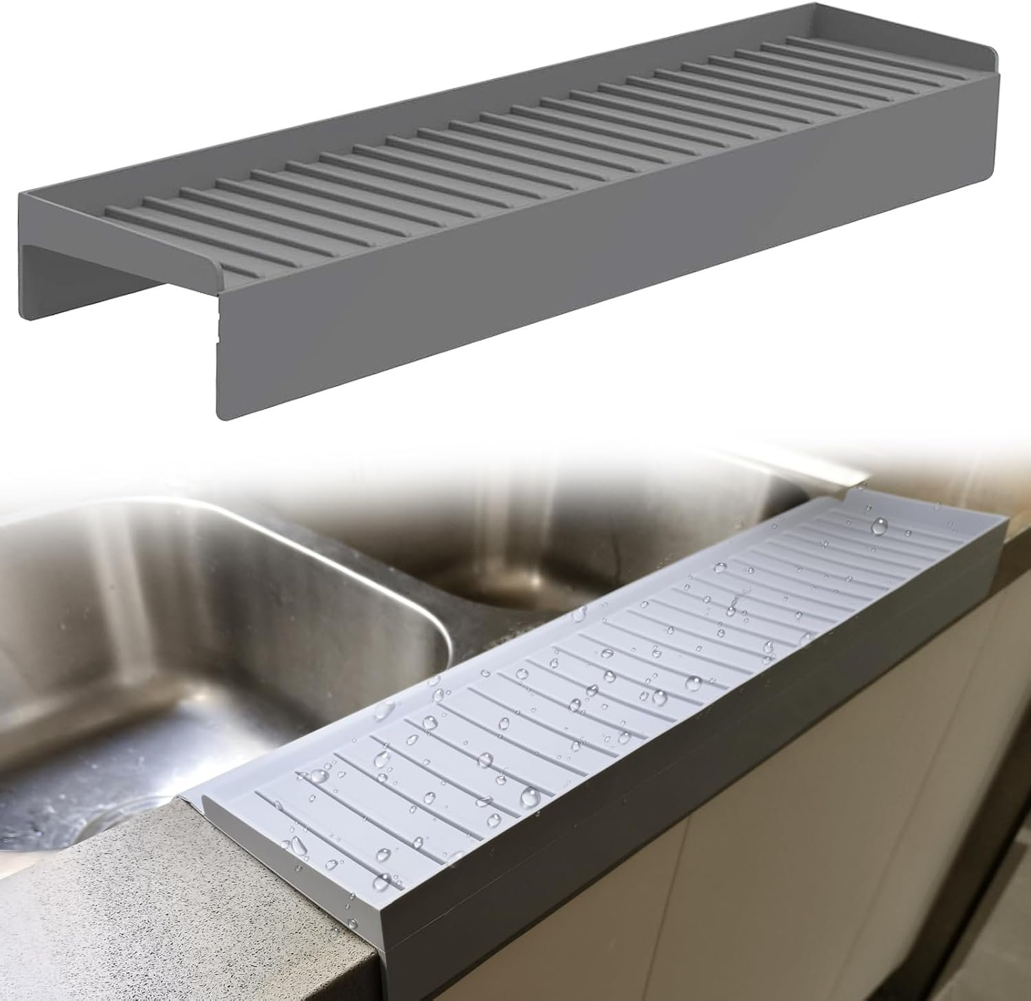 Silicone Sink Edge Protectors for Kitchen Sink,Kitchen Bathroom Sink Splash Guard＆Draining Mat, Multifunction Sink Accessories, Sink Countertop Protector for Steel Granite Quartz (Gray)