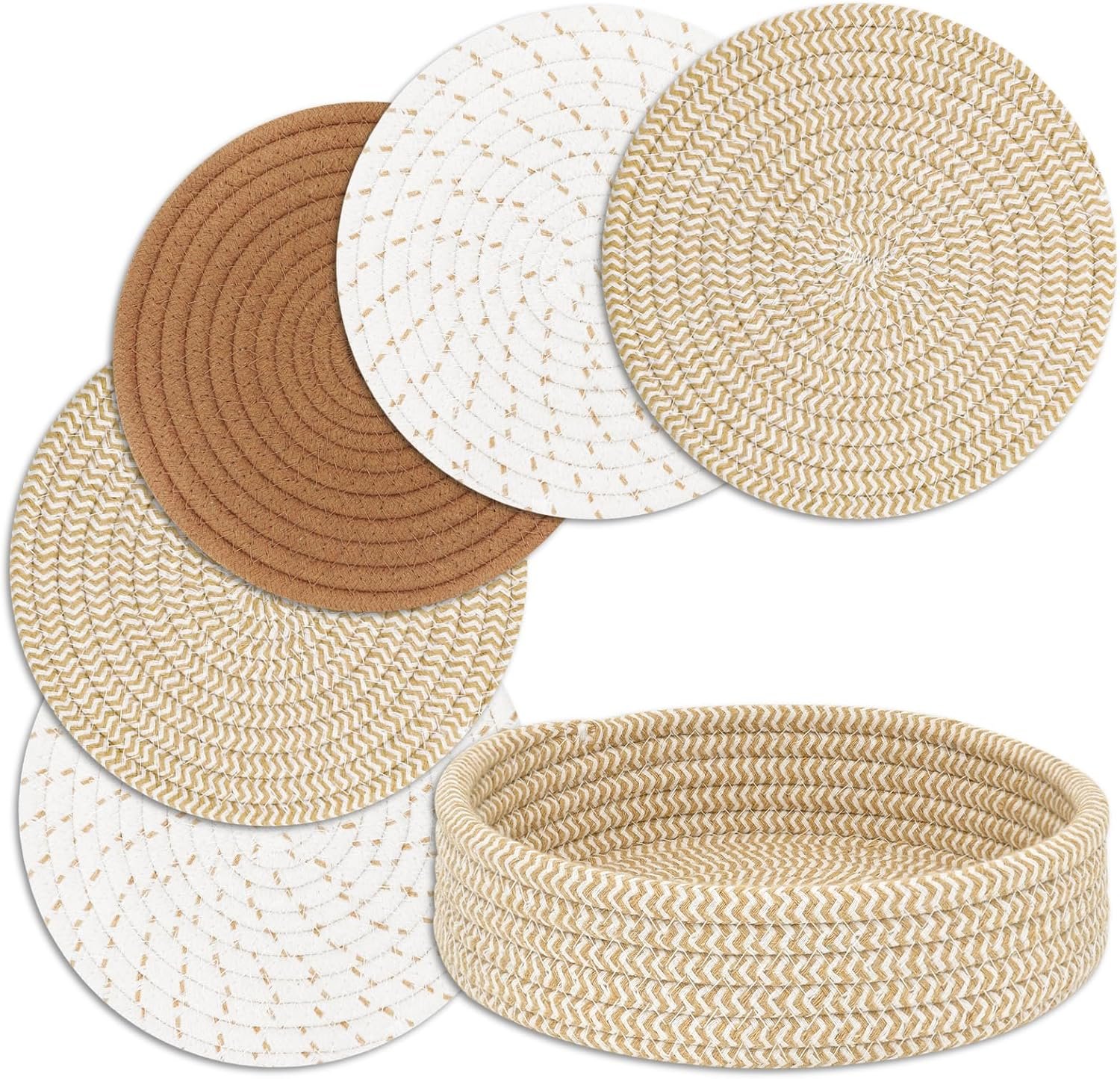 Trivets for Hot Dishes, Trivets for Hot Pots and Pans, Heat Resistant Hot Pads with Storage Basket, Pot Holders for Kitchen, Home Essentials, Farmhouse Decor (Mix Brown 5 PCS)