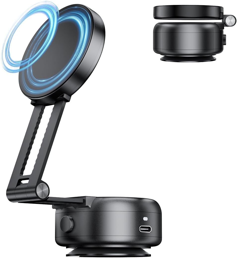 Vacuum Suction Magnetic Car Phone Holder, Electric Magnetic Car Phone Holder Mount Foldable Adjustable Car Mount for iPhone12-16,Mirror/Glass/Screen/Smooth None Porous Surface (Not Charge Phone)