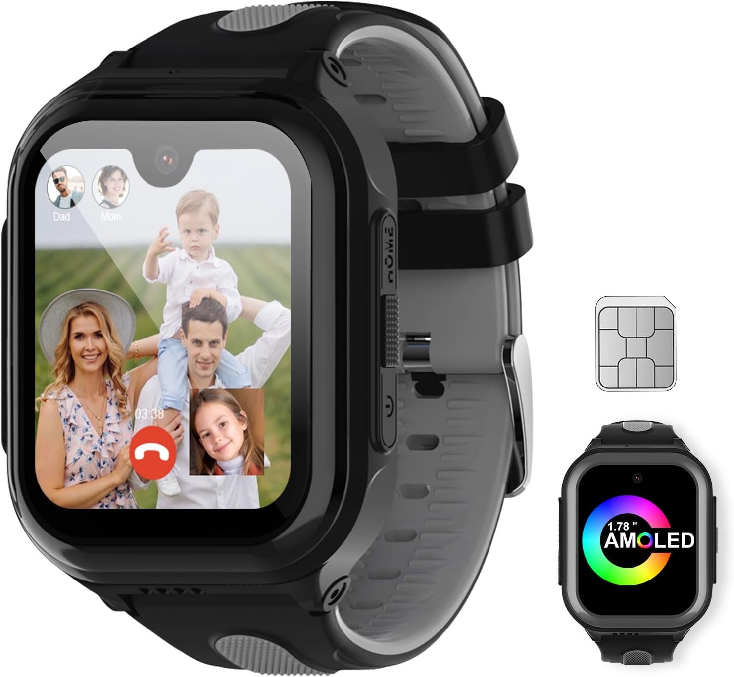 Wonlex 4G GPS Smartwatch for Kids, 1.78″ AMOLED Touchscreen Phone Watch with SIM Card, Video Calls, Voice Chat, SOS, Camera, Music, Pedometer, Game, Birthday Gift for Girls Boys Ages 8-15(Black)