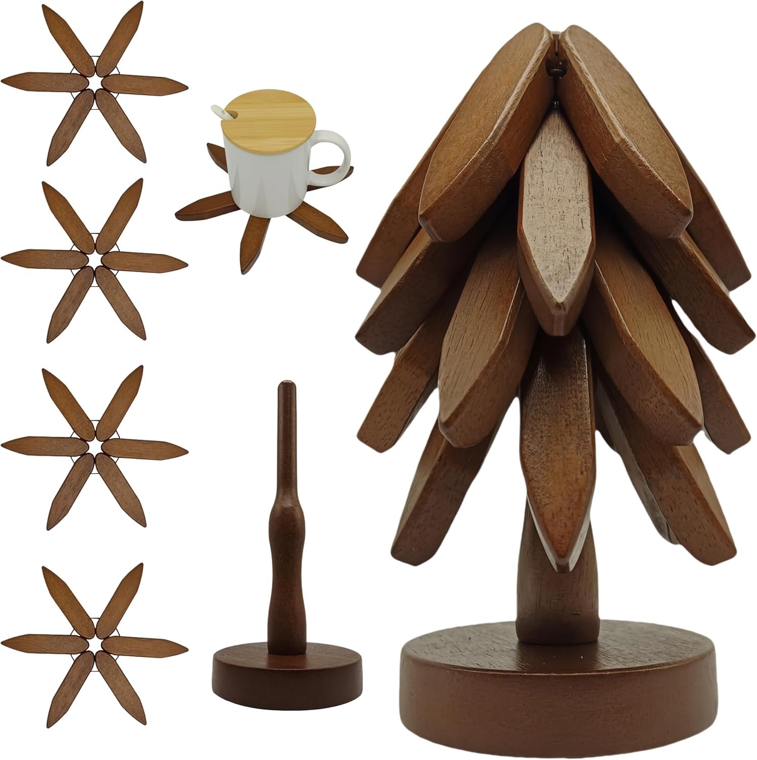 Wooden Tree Trivets for Hot Dishes – 4 Wooden Trivets and 1 Stand – Trivets for Hot Dishes or Hot Pads for Kitchen – Perfect for Cups, Bowls, Plates, Teapots, Frying Pans etc., Wooden Tree Coaster.