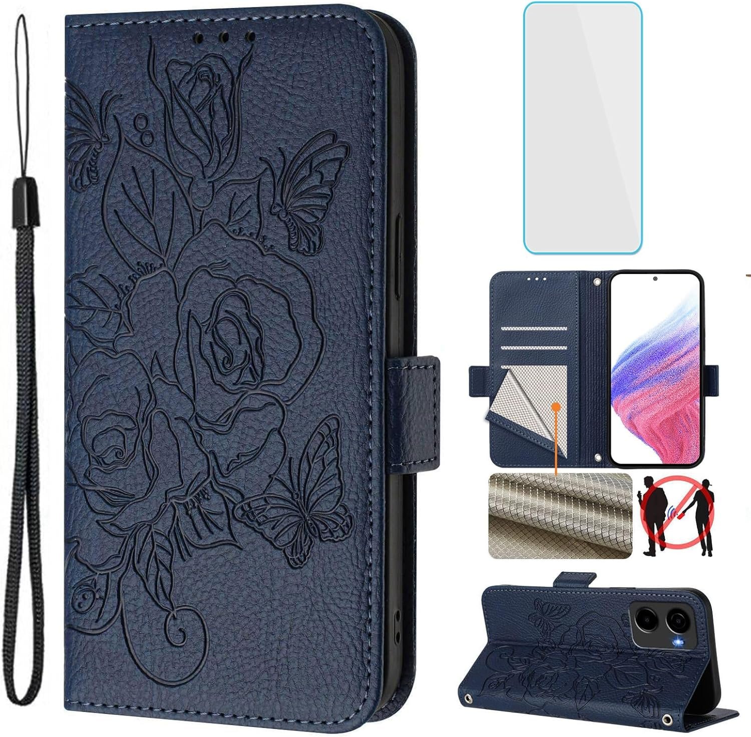 for AT&T Propel 2 5G/Cricket Magic 2 5G Phone Case Wallet with Screen Protecter RFID Blocking Card Women Cell Phone Cover Floral Blutterfly Case for Cricket Magic2 AT T Propel2 5G Dark Blue