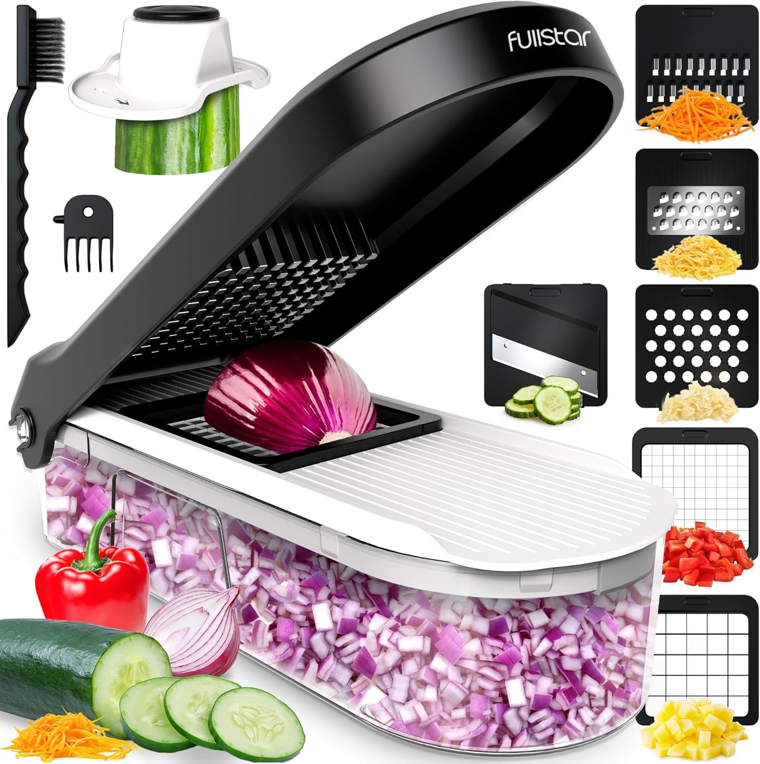 Fullstar Vegetable Chopper, Mandoline Slicer – Cheese Grater, Food Chopper with Container, Kitchen Gadgets, Home Essentials (6-in-1, White/Black)
